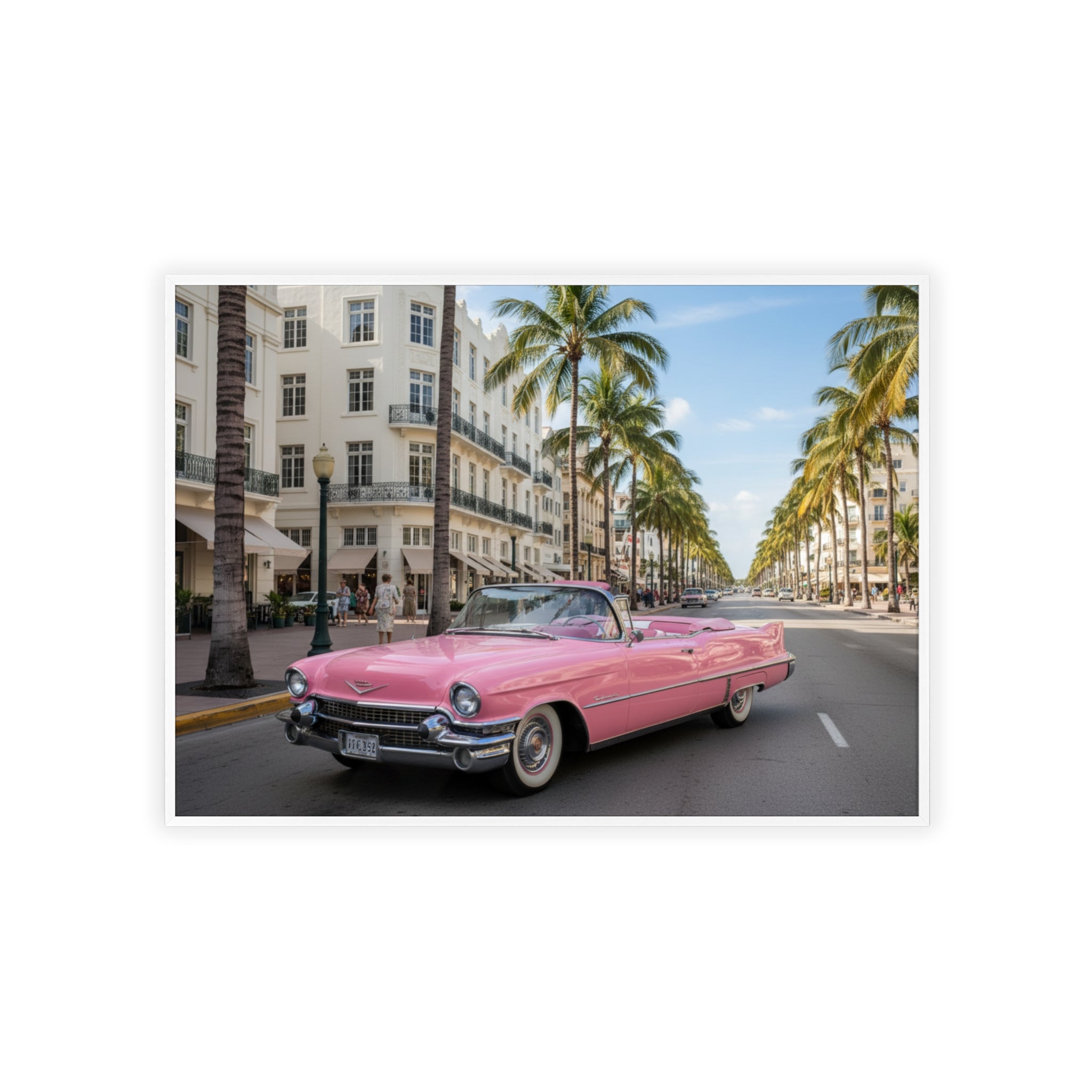Vintage Pink Cadillac Wall Poster with Wooden Frame — Retro Miami Palm Street Photography