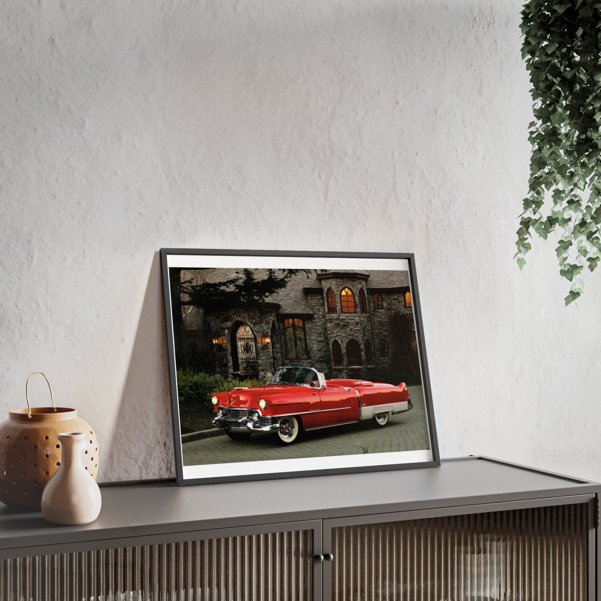 Vintage Red Convertible Poster with Wooden Frame — Classic Car Wall Art