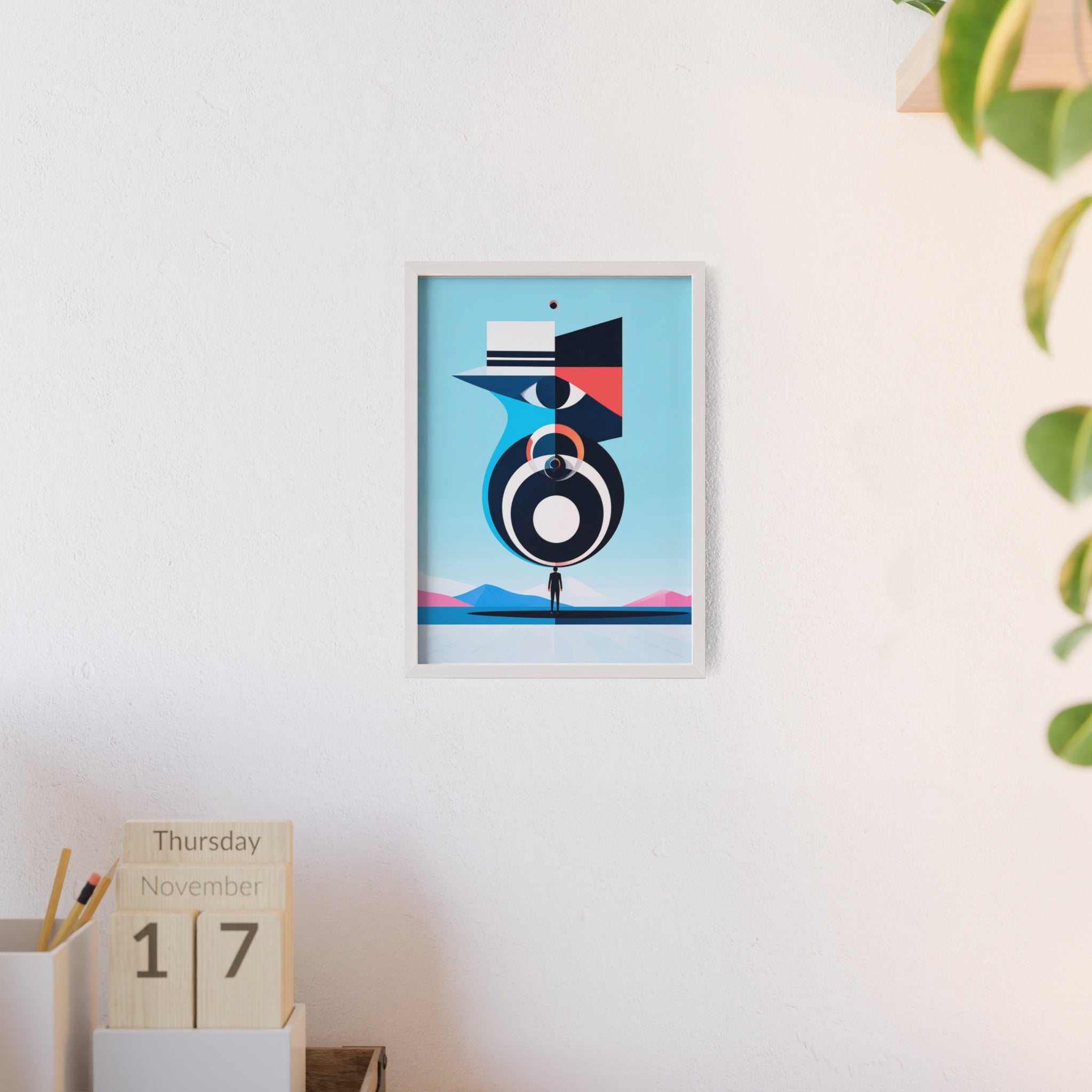 Abstract Geometric Bird Poster with Wooden Frame — Modern Minimalist Wall Art
