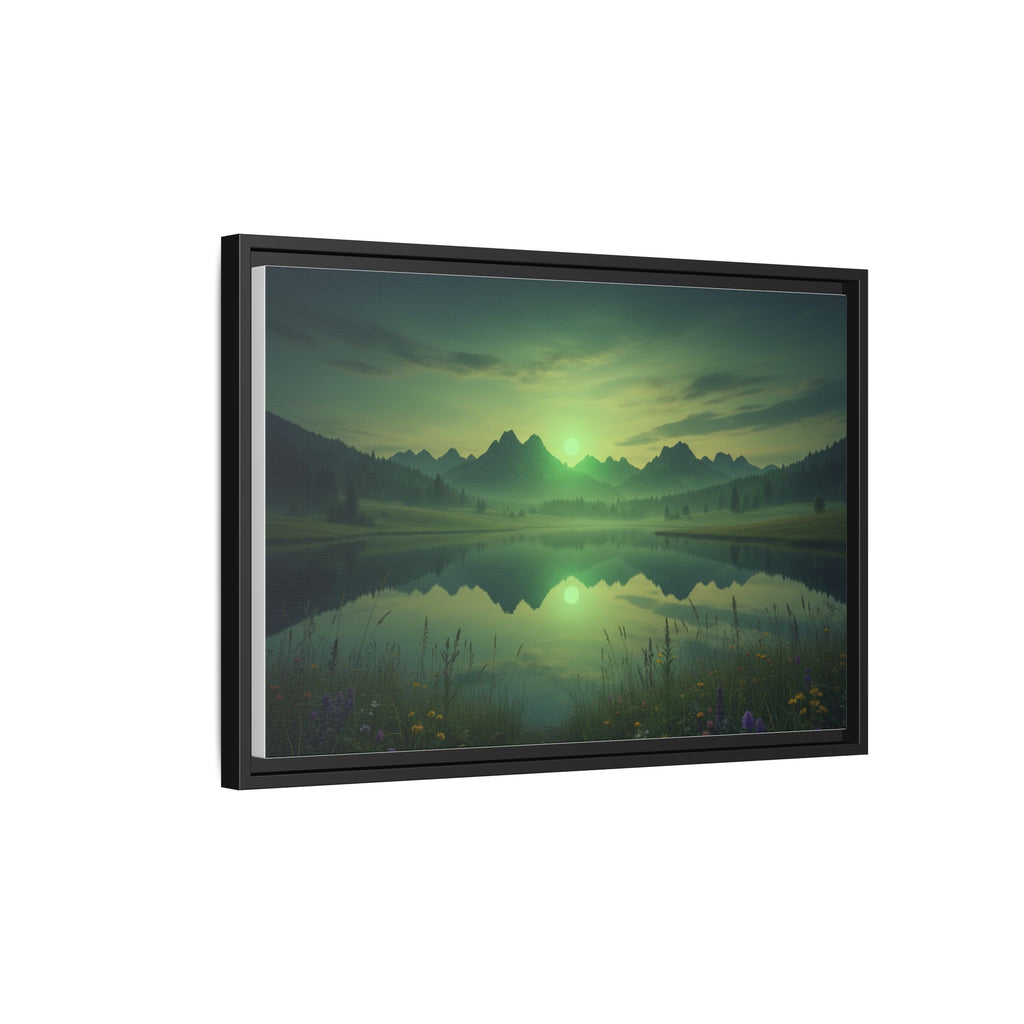 Framed Matte Canvas Print — Serene Green Mountain Lake Landscape