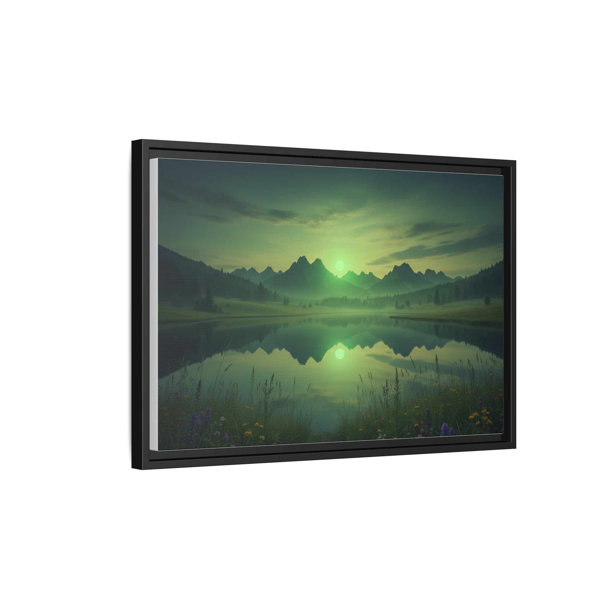 Framed Matte Canvas Print — Serene Green Mountain Lake Landscape