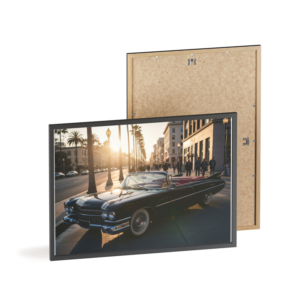 Vintage Convertible Sunset Poster with Wooden Frame