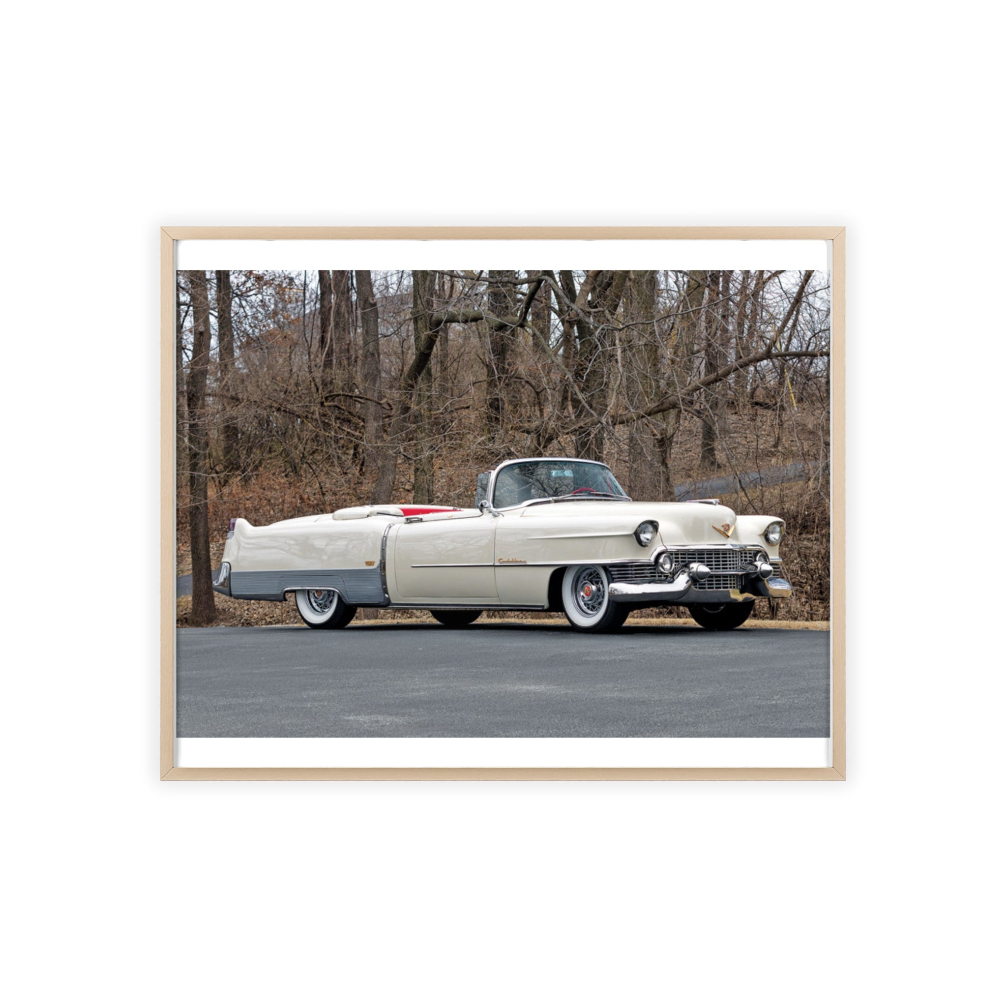 Vintage 1950s White Cadillac Poster with Wooden Frame - Classic Car Wall Art
