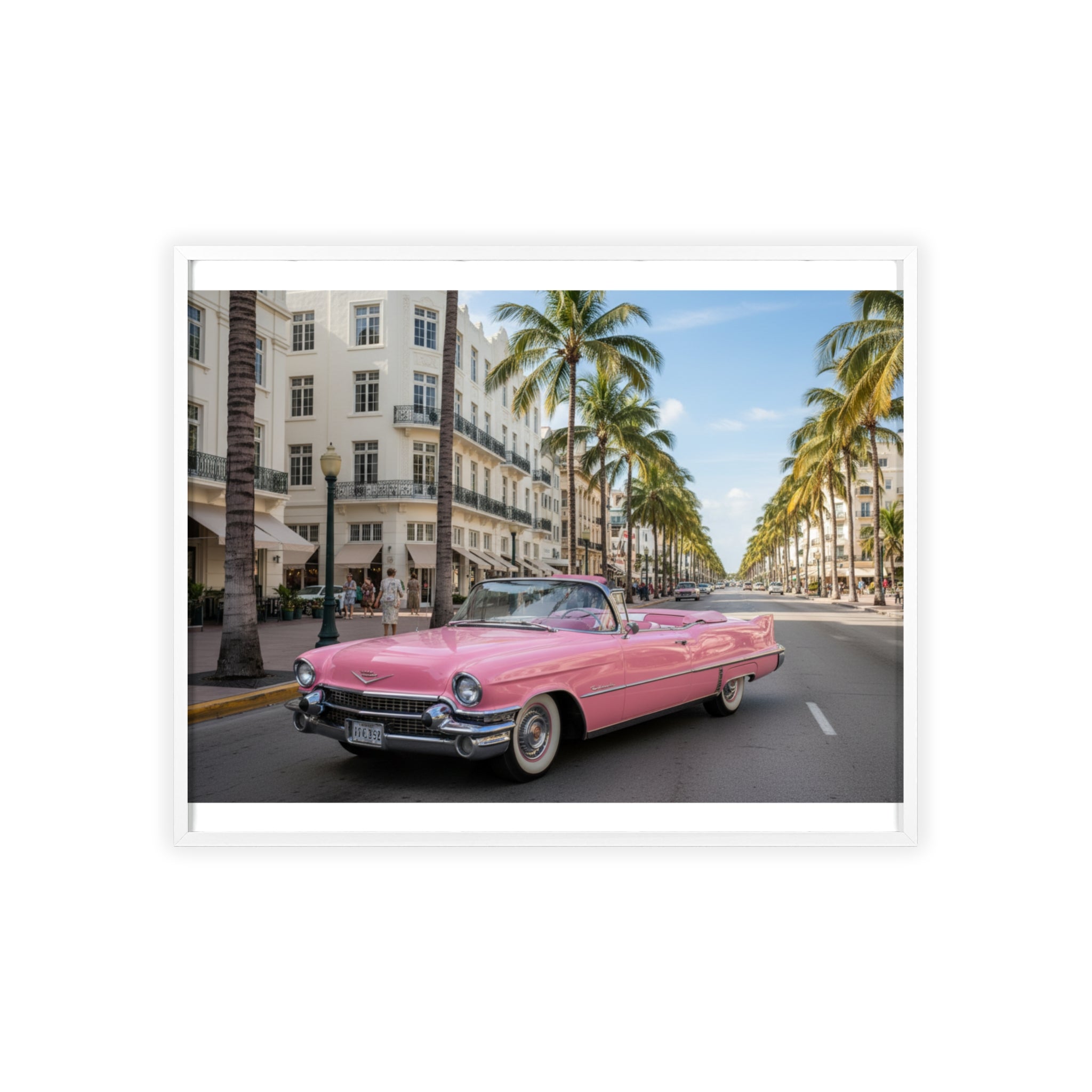 Vintage Pink Cadillac Wall Poster with Wooden Frame — Retro Miami Palm Street Photography