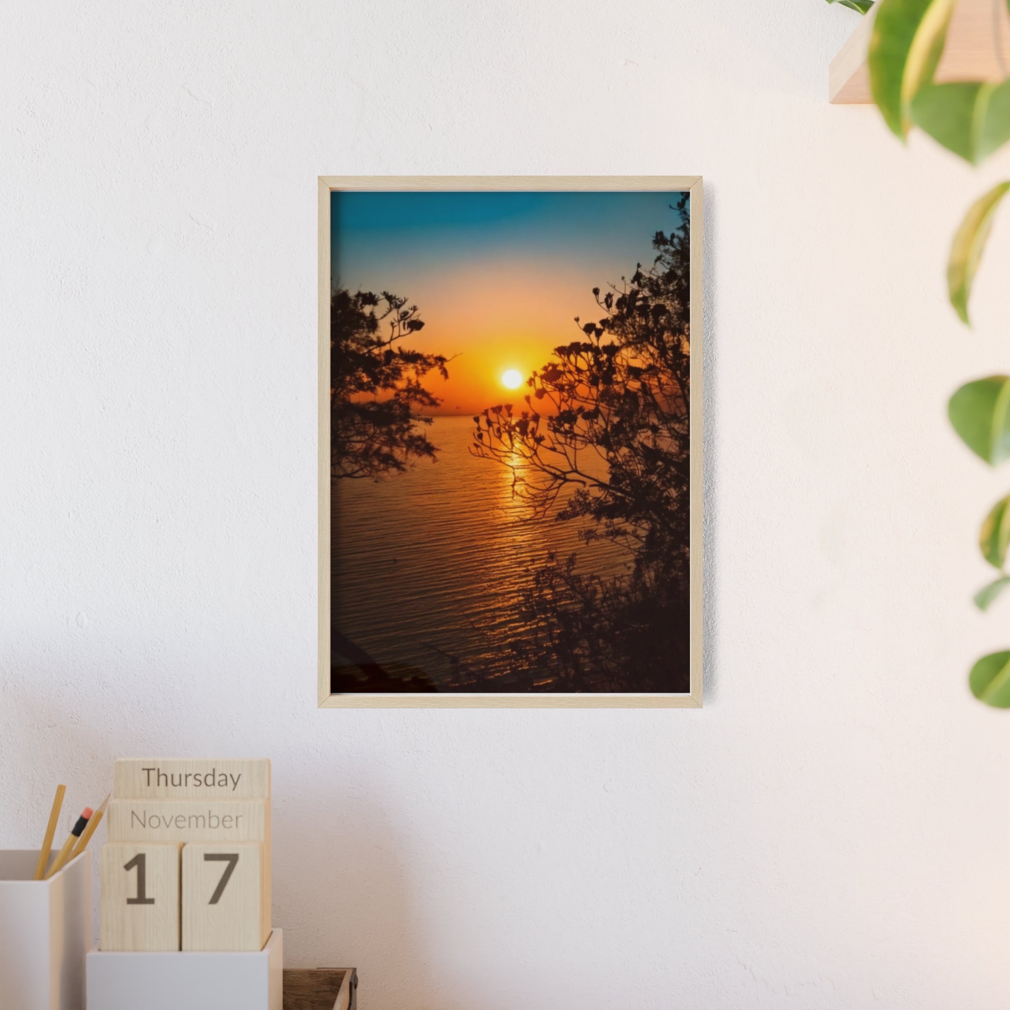 Sunset Coastal Poster with Wooden Frame — Framed Beach Wall Art