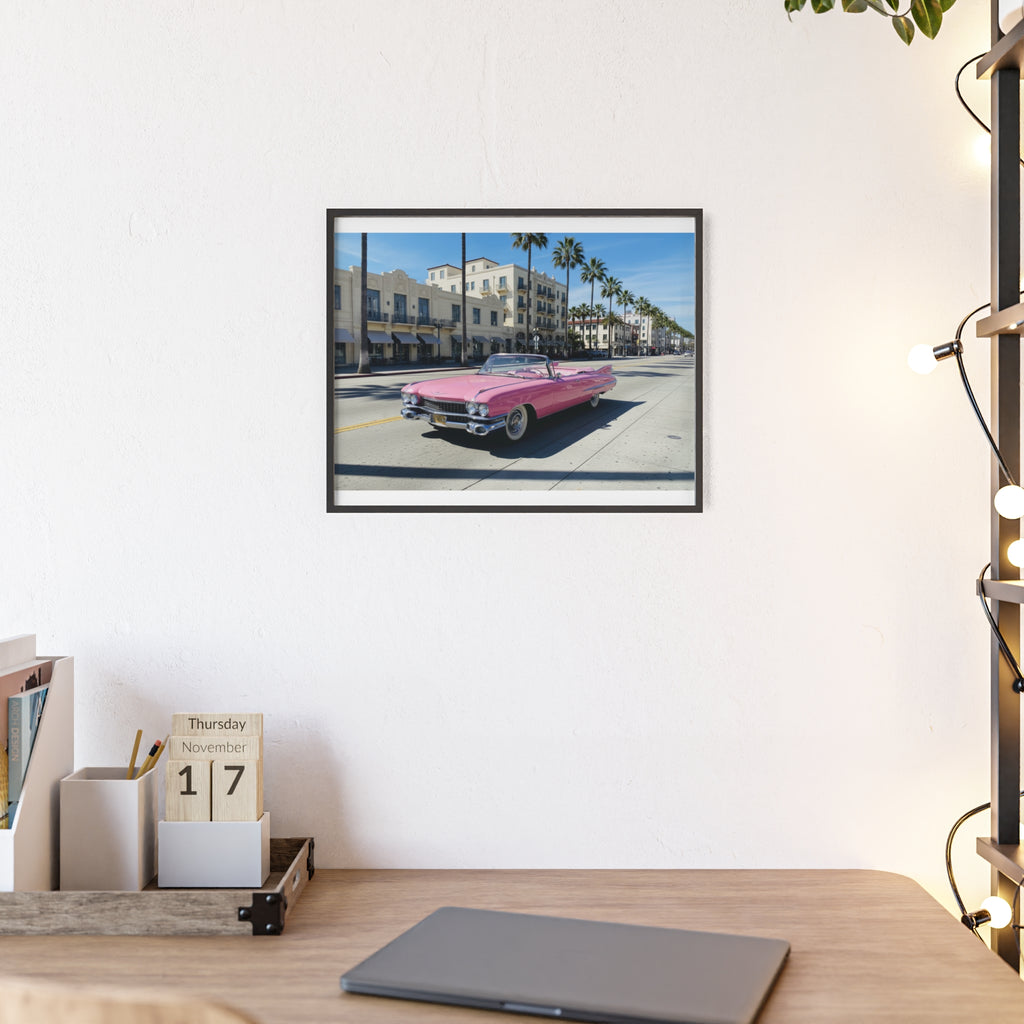 Retro Pink Cadillac Poster with Wooden Frame — Vintage Palm-Drive Wall Art