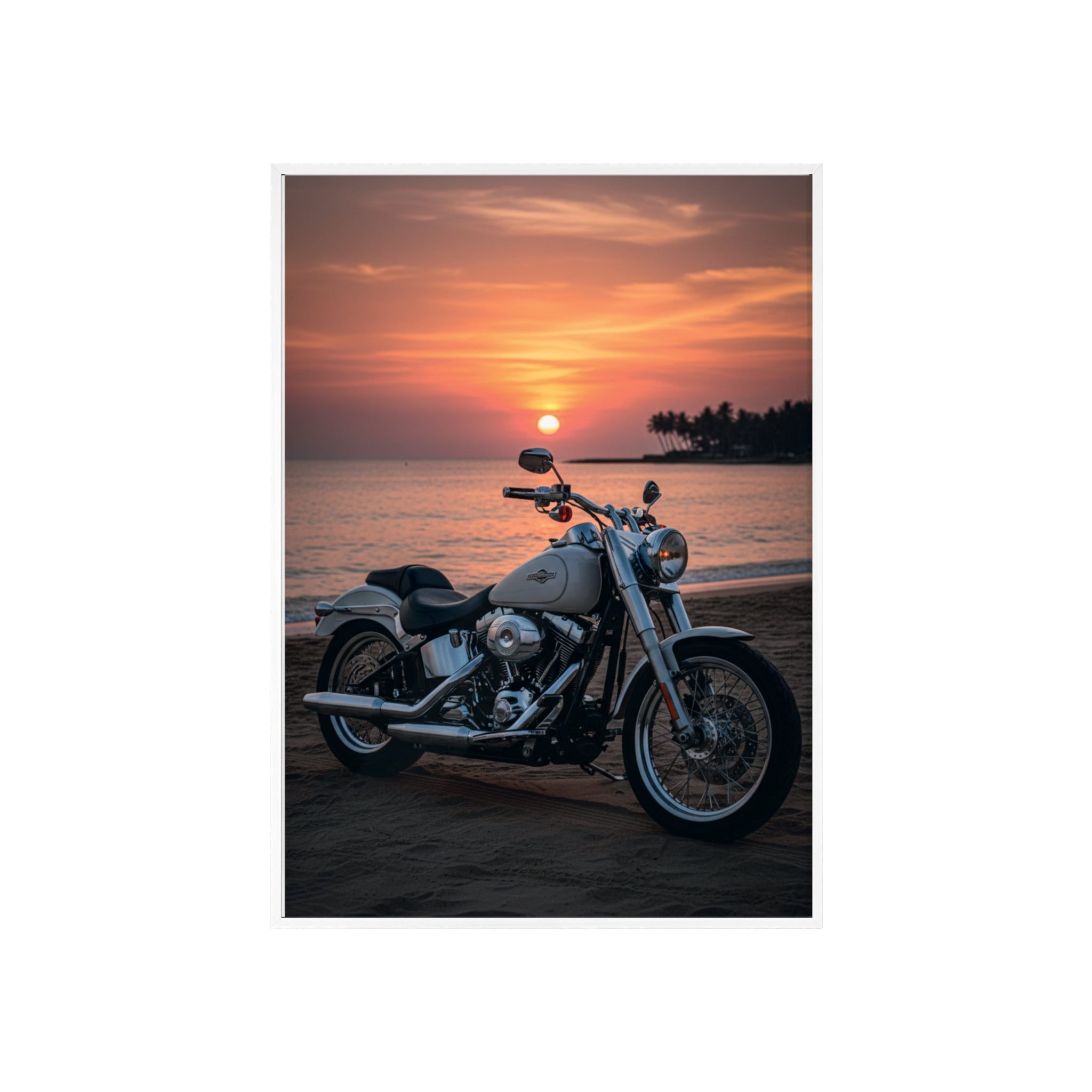 Sunset Beach Motorcycle Poster with Wooden Frame — Vintage Cruiser Wall Art