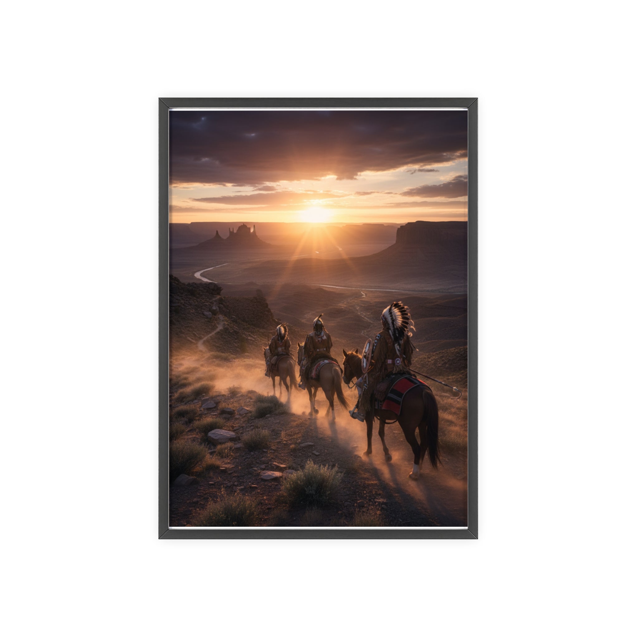 Framed Western Sunset Poster — Native Riders on Horseback Wall Art