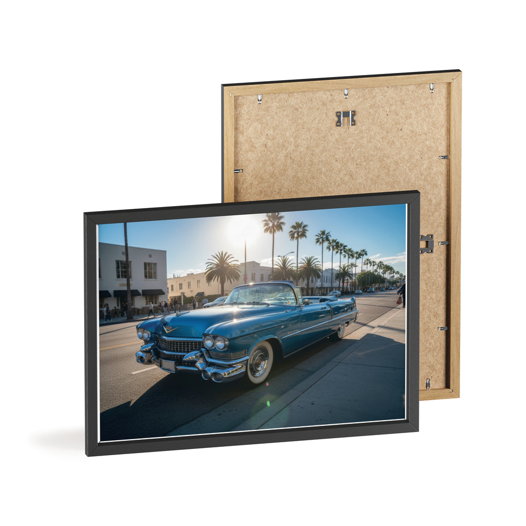 Framed Vintage Cadillac Poster – Retro Palm-Tree Coastal Car Wall Art