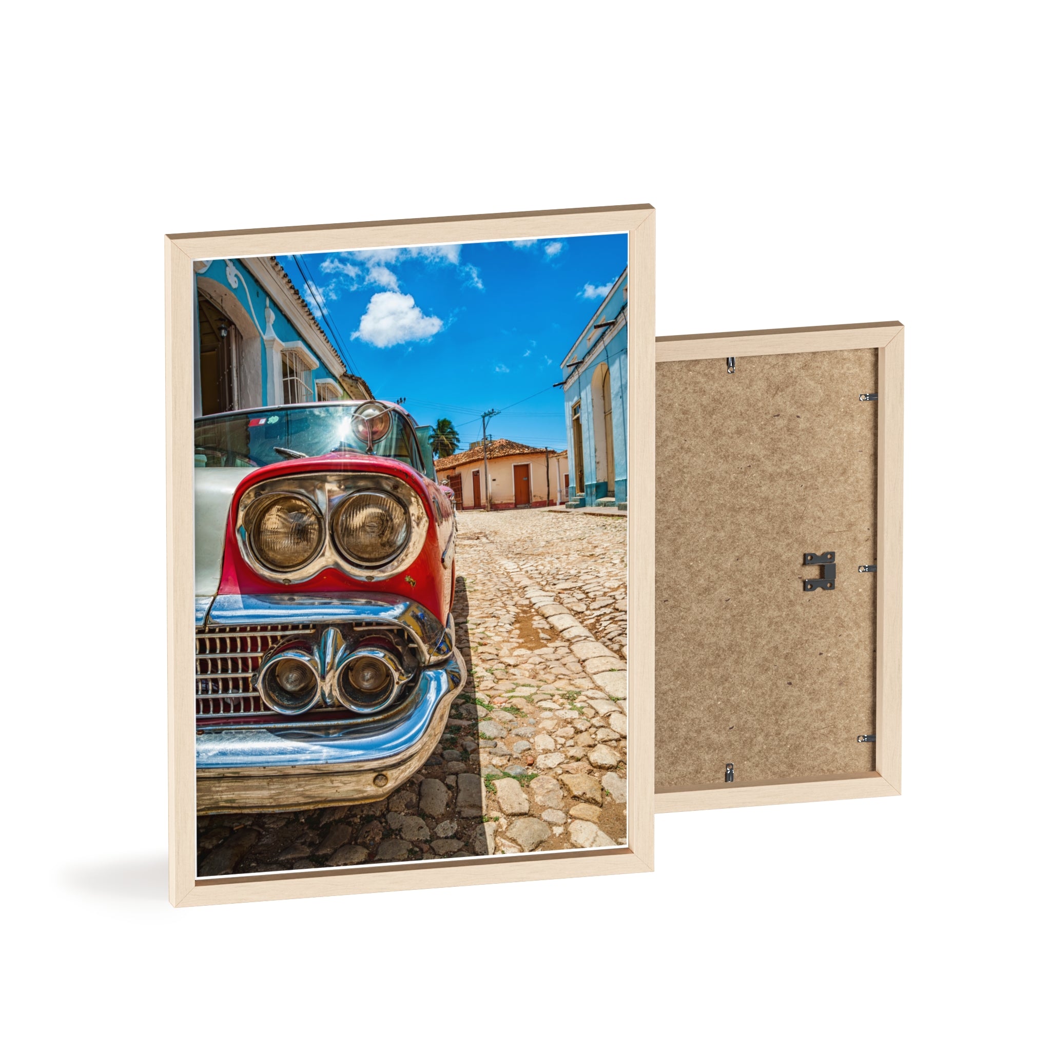 Vintage Classic Car Poster with Wooden Frame — Retro Cuba Street Photography Wall Art