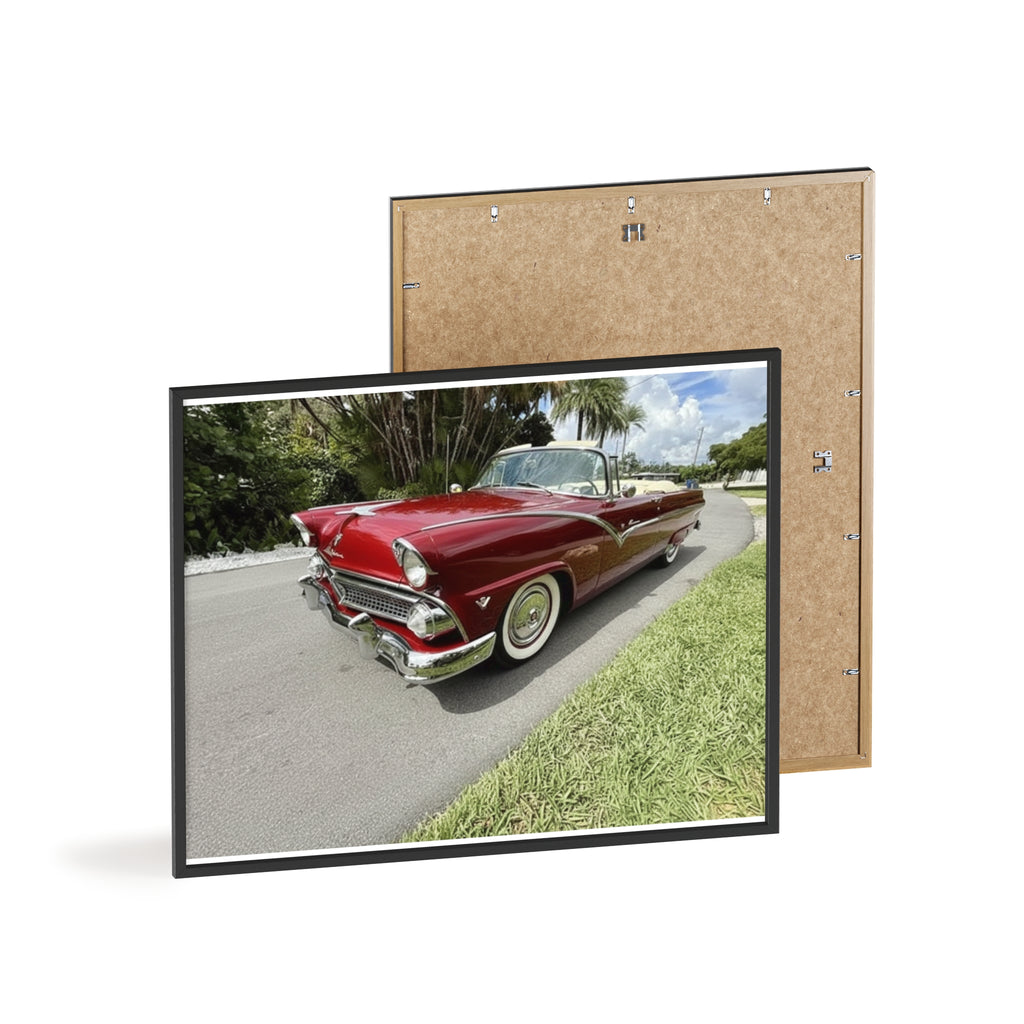 Vintage Red Convertible Poster with Wooden Frame — Classic Car Wall Art