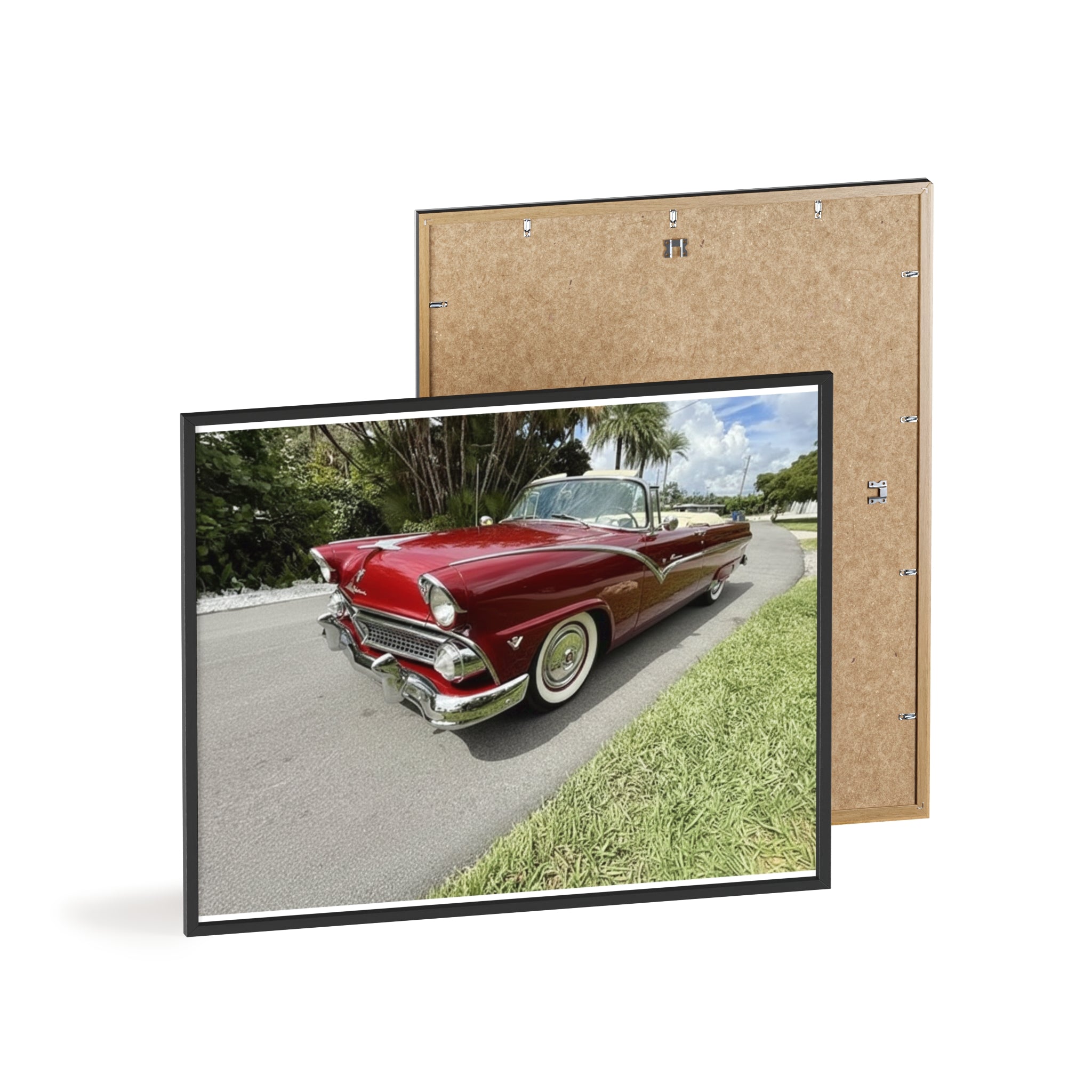 Vintage Red Convertible Poster with Wooden Frame — Classic Car Wall Art