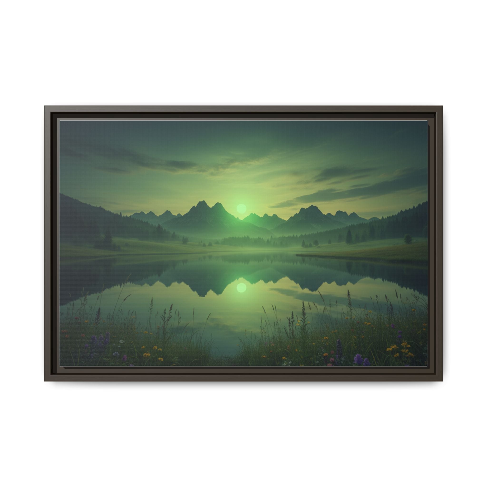 Framed Matte Canvas Print — Serene Green Mountain Lake Landscape
