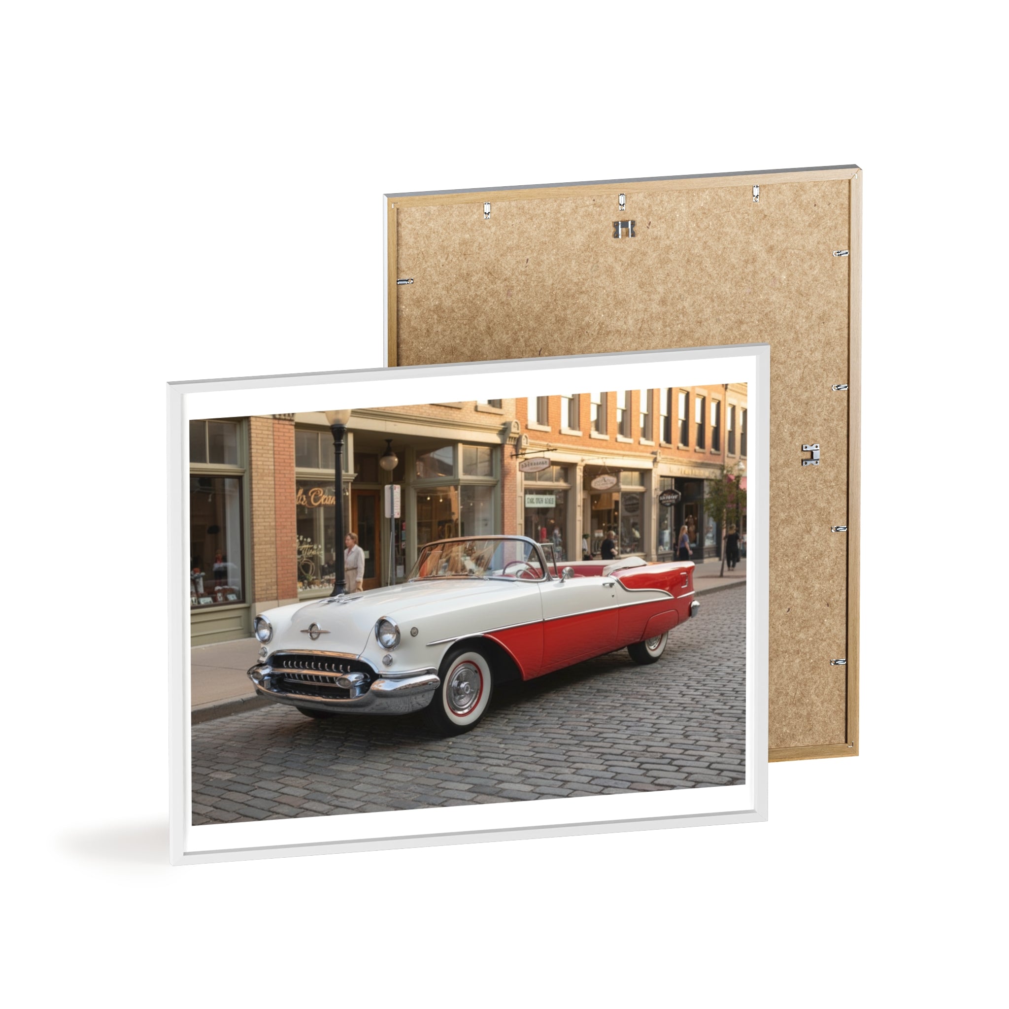 Vintage Red & White Convertible Poster with Wooden Frame — Retro Car Wall Art
