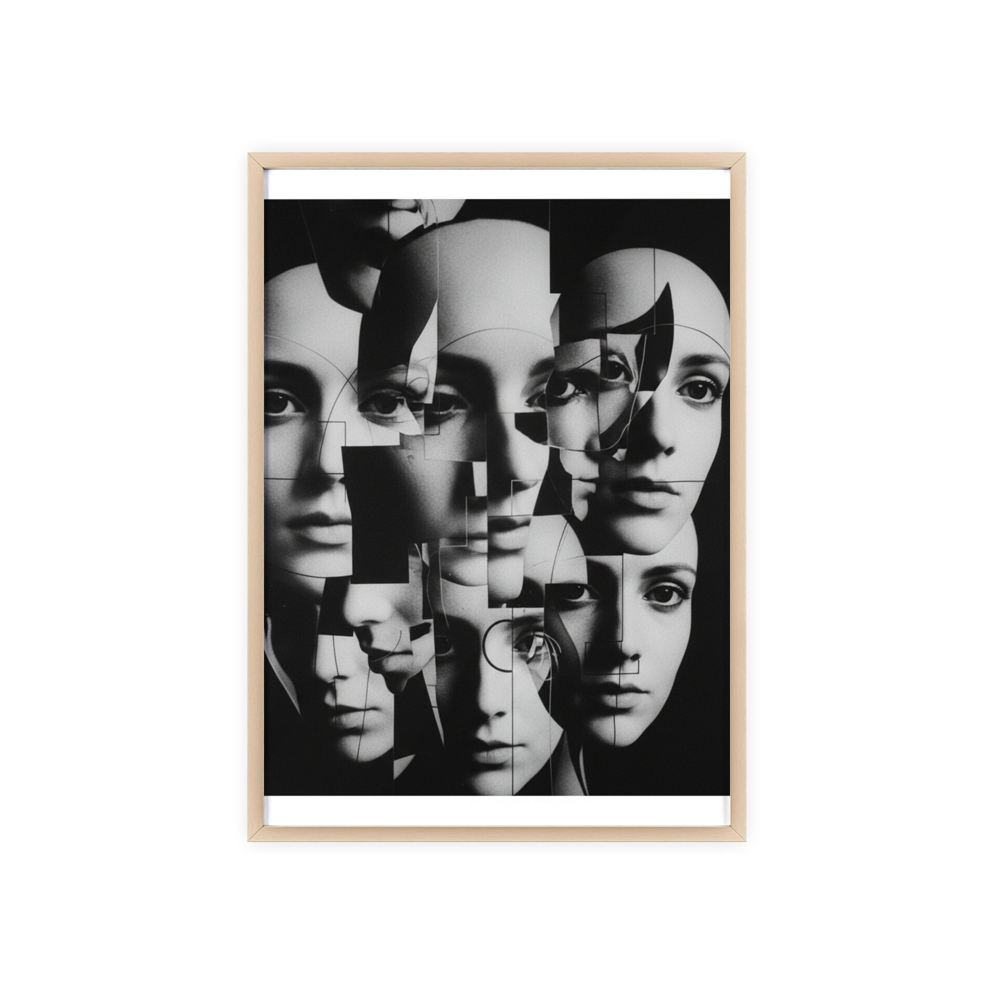 Surreal Multi-Face Black & White Poster — Framed Wooden Art Print