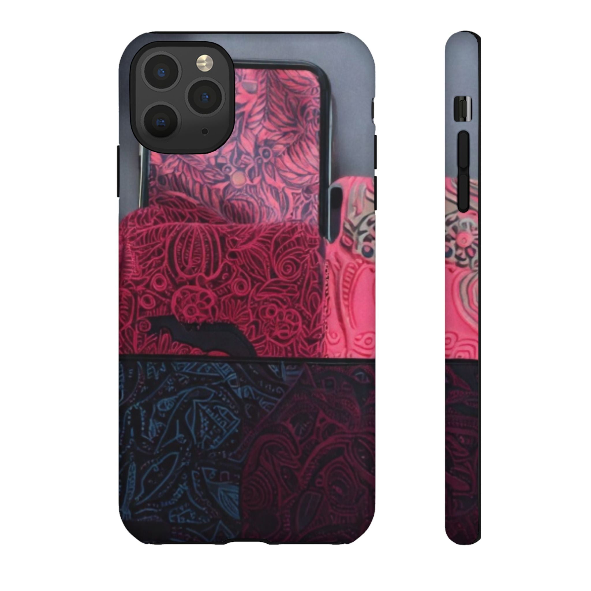 Floral Patchwork Tough Phone Case — Pink & Navy Doodle Design