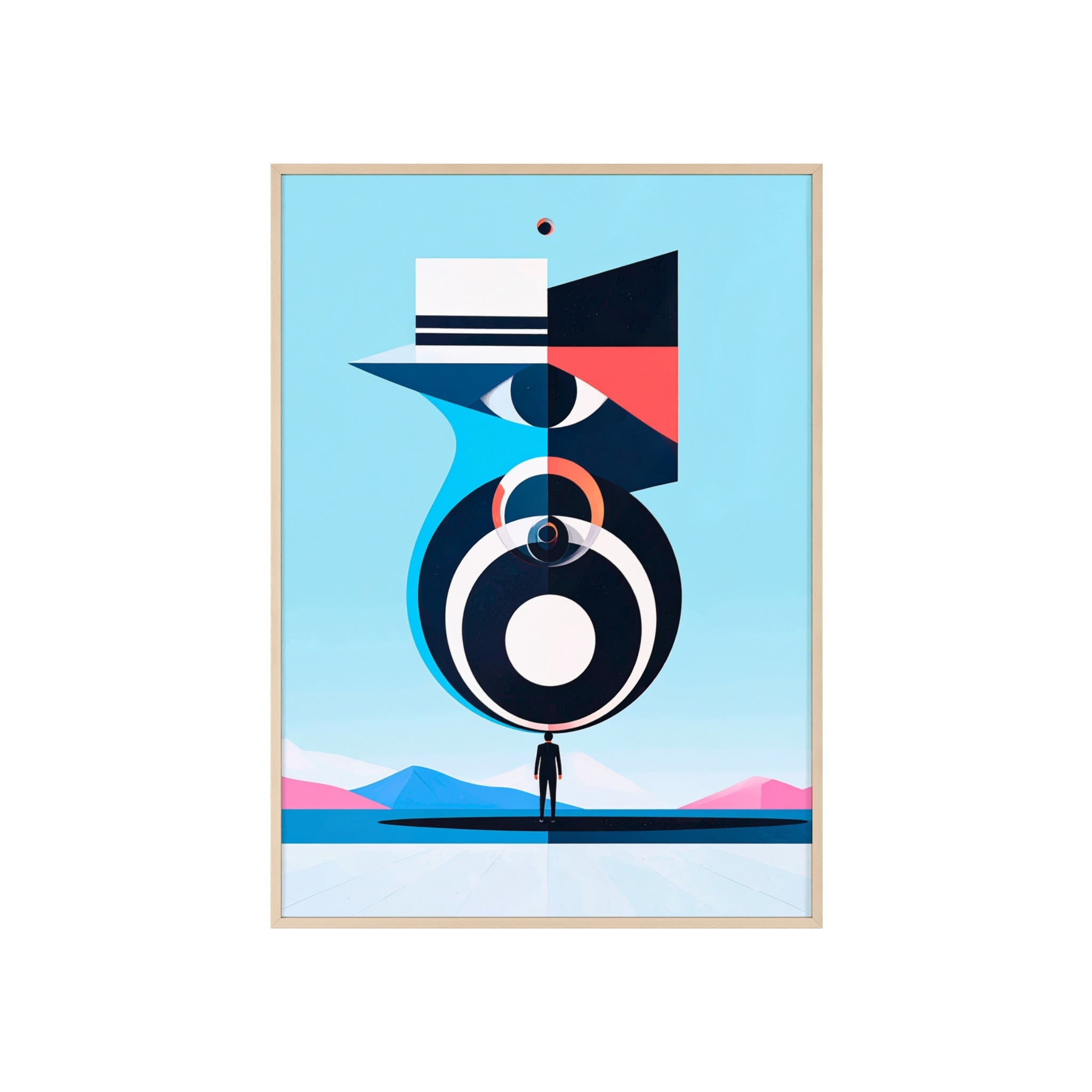 Abstract Geometric Bird Poster with Wooden Frame — Modern Minimalist Wall Art