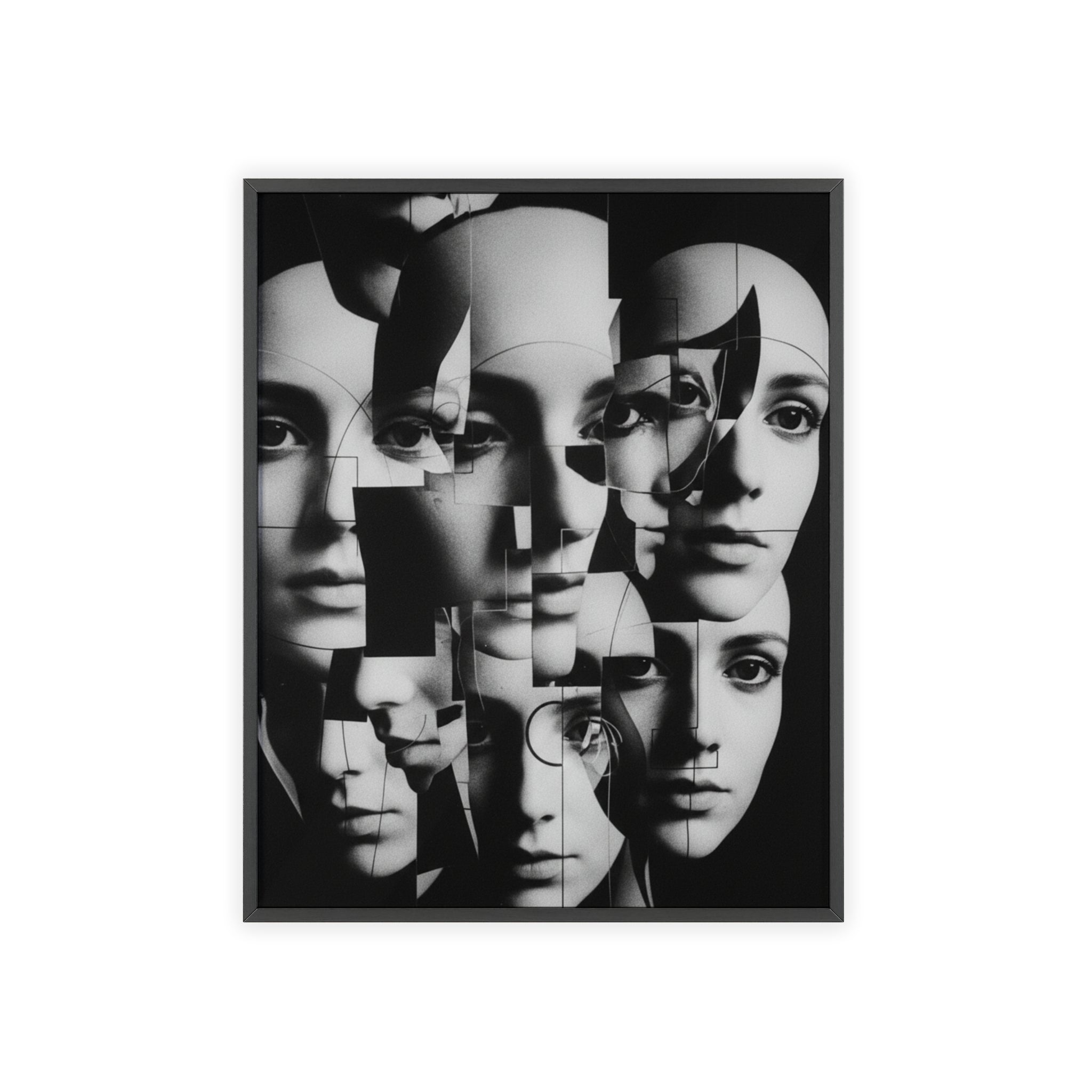 Surreal Multi-Face Black & White Poster — Framed Wooden Art Print