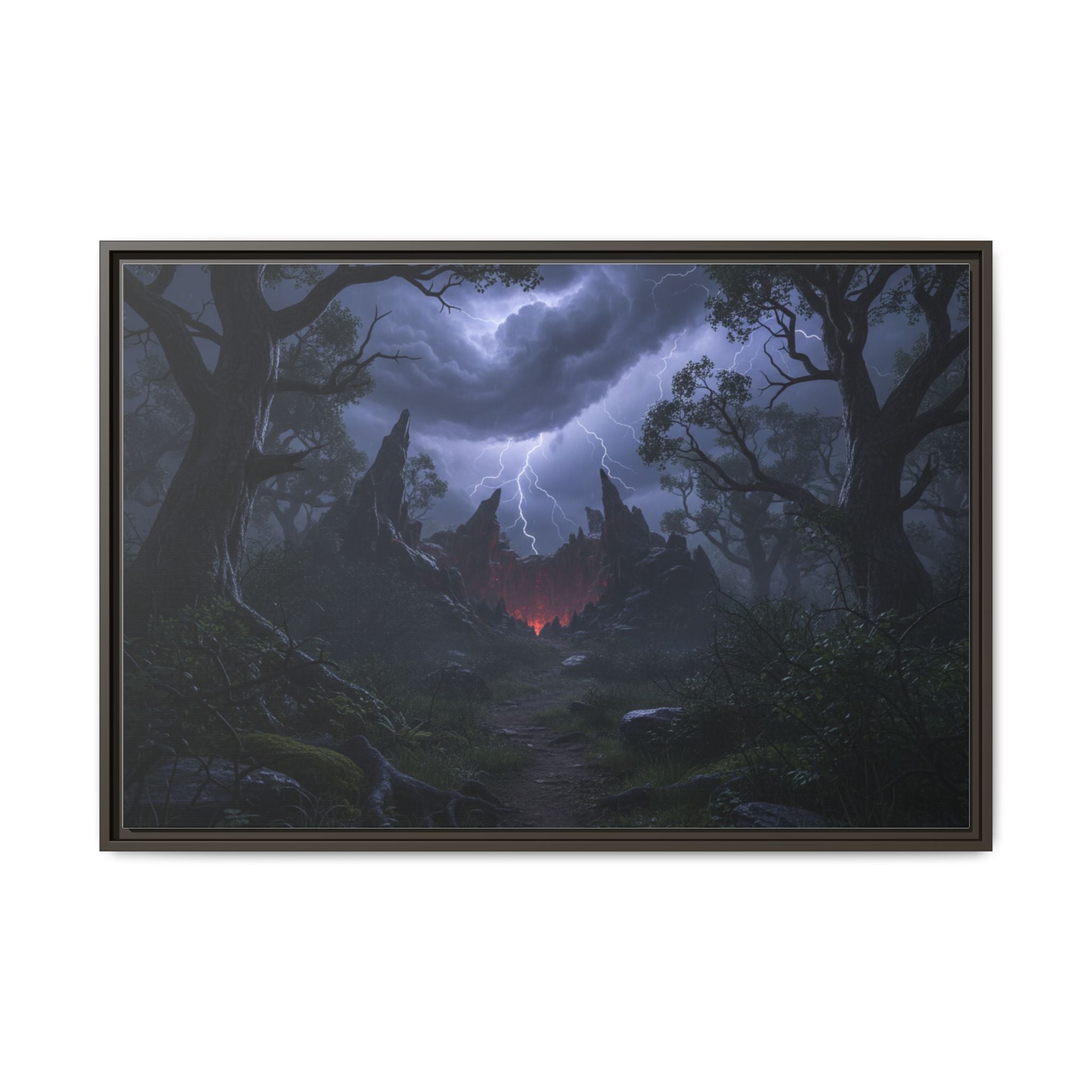 Dark Storm Forest Framed Canvas Print — Lightning, Haunted Castle Art