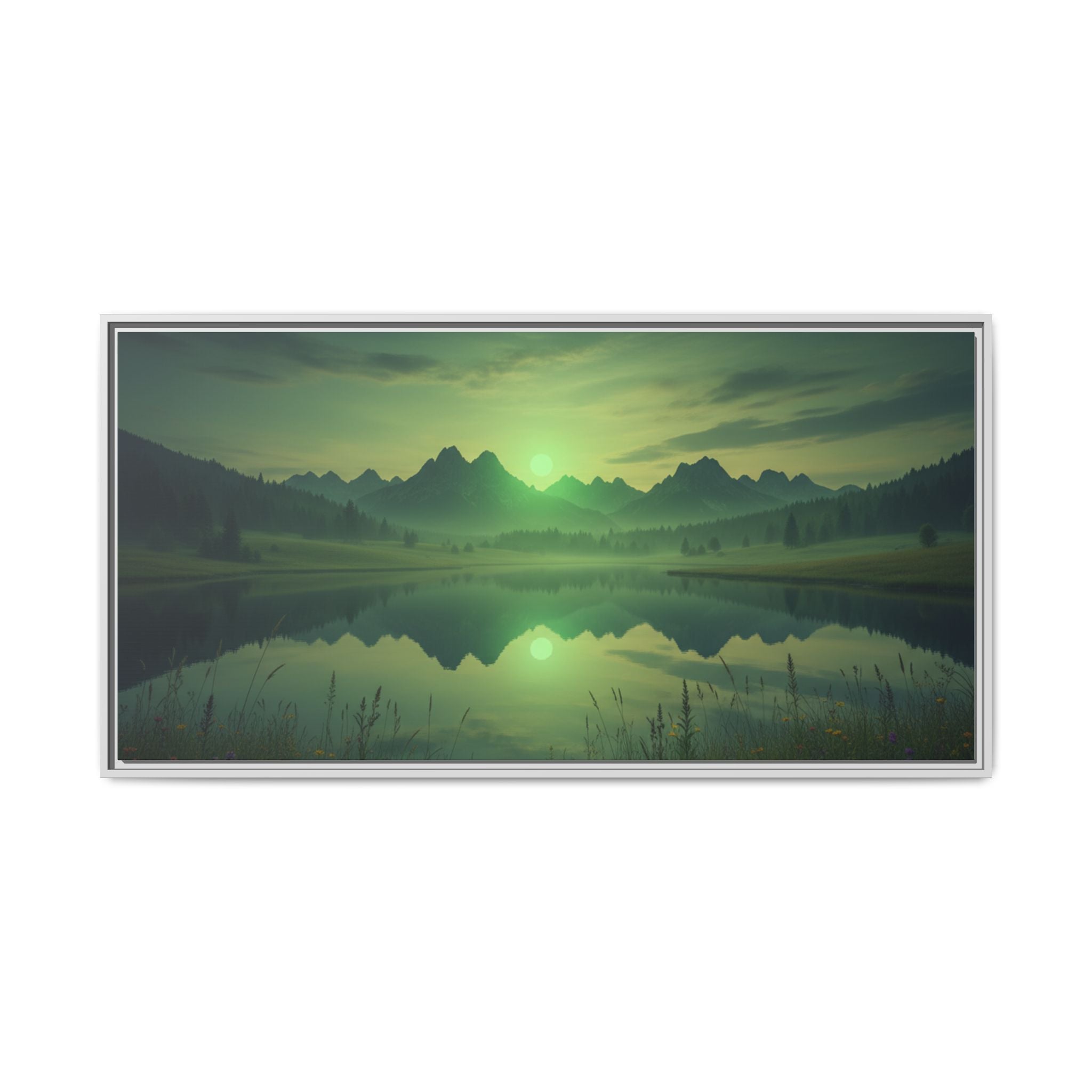 Framed Matte Canvas Print — Serene Green Mountain Lake Landscape