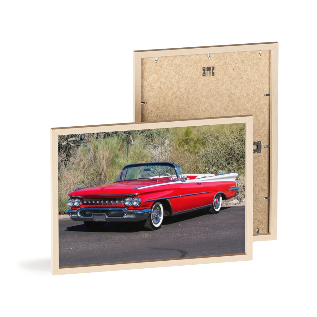 Vintage Red Convertible Car Poster with Wooden Frame — Classic Auto Wall Art
