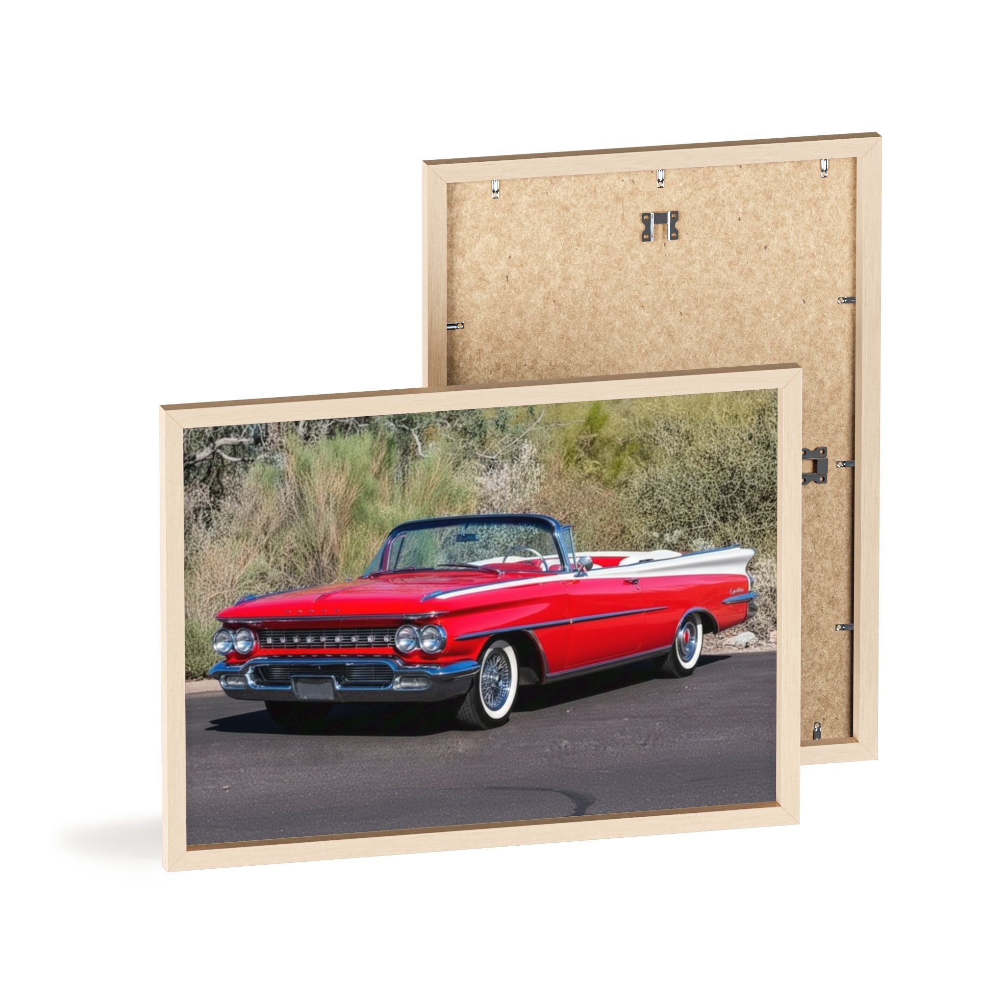 Vintage Red Convertible Car Poster with Wooden Frame — Classic Auto Wall Art