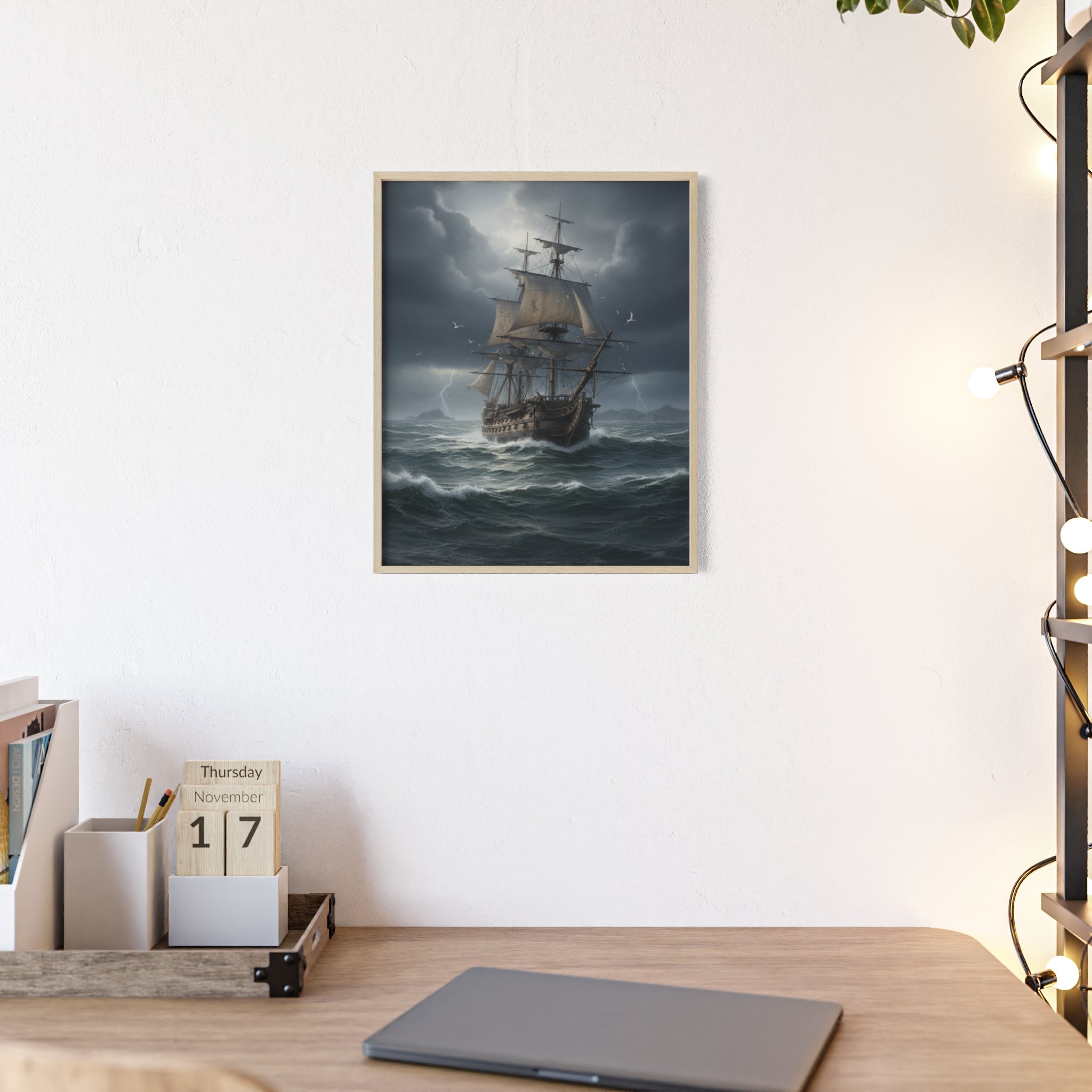 Framed Stormy Sea Ship Poster — Nautical Wall Art with Wooden Frame