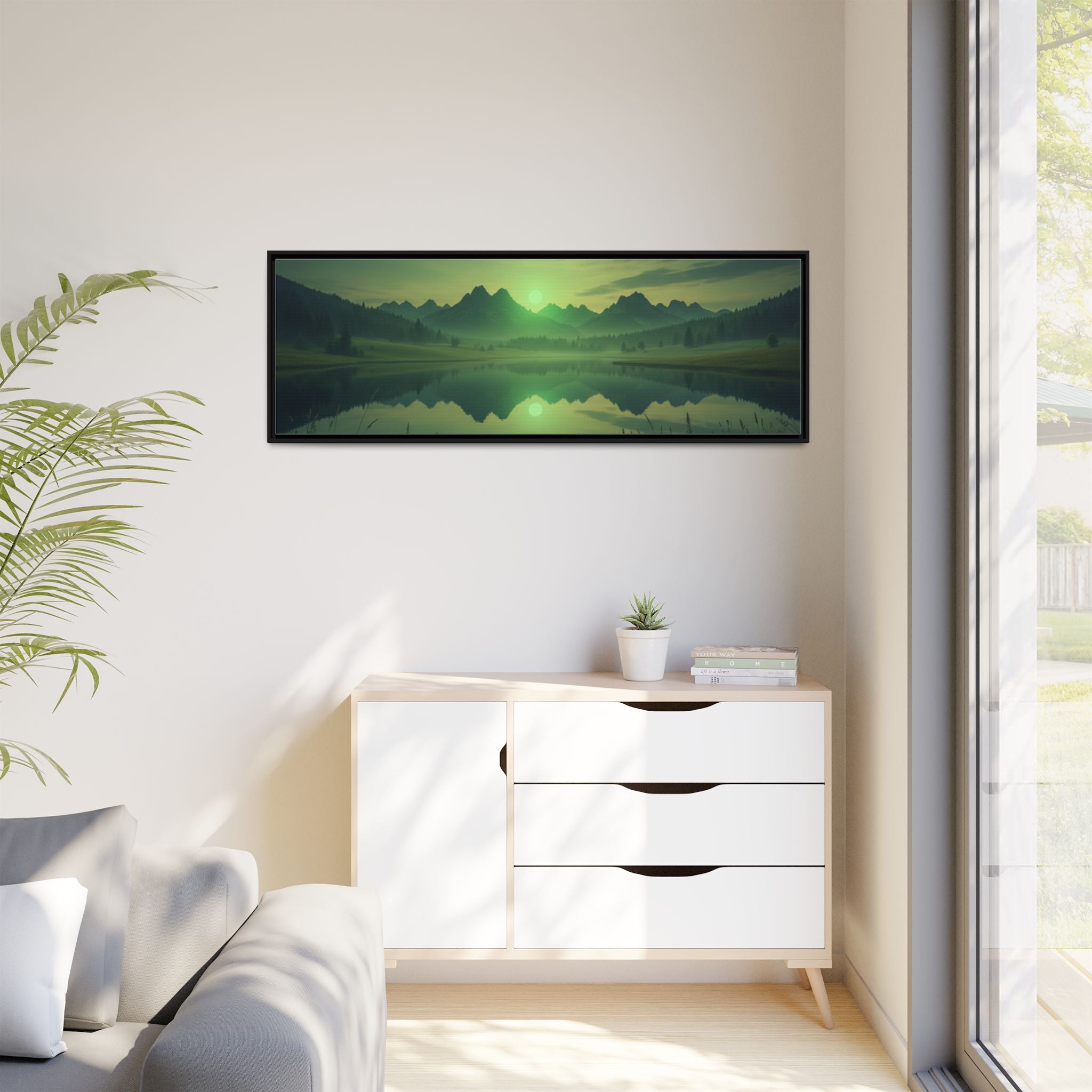 Framed Matte Canvas Print — Serene Green Mountain Lake Landscape