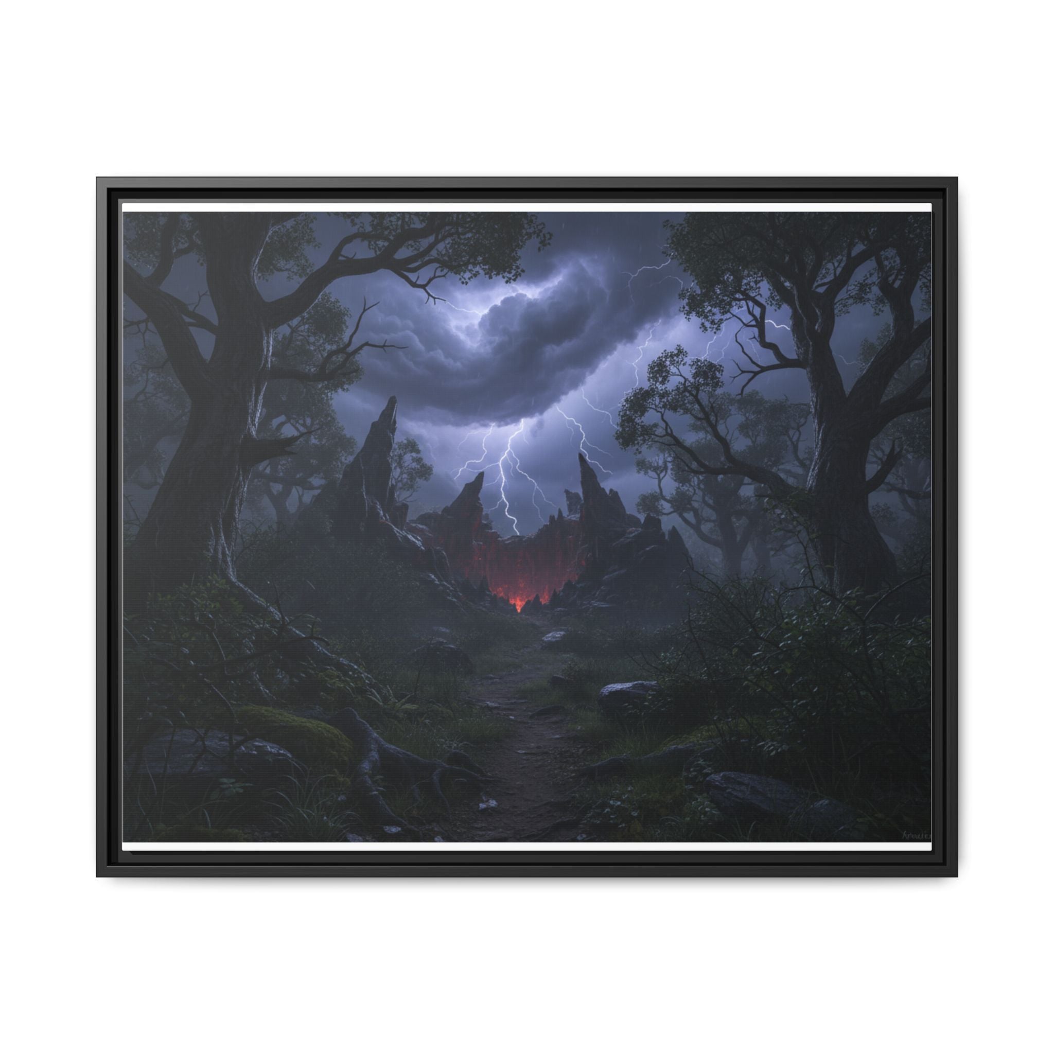 Dark Storm Forest Framed Canvas Print — Lightning, Haunted Castle Art