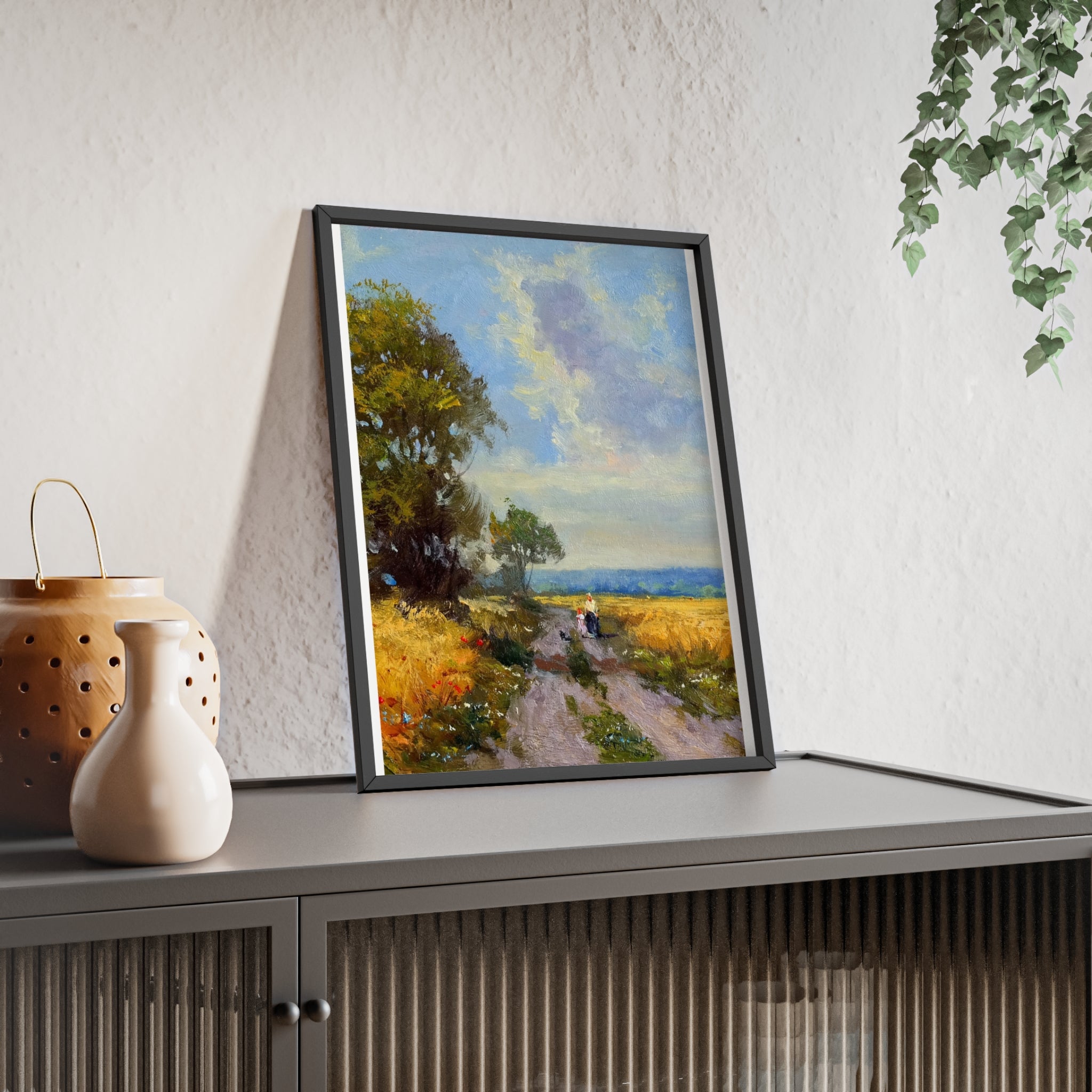 Framed Countryside Landscape Poster — Rustic Wooden Frame Wall Art