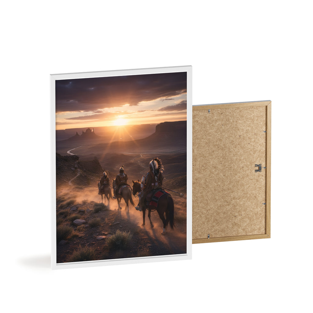 Framed Western Sunset Poster — Native Riders on Horseback Wall Art