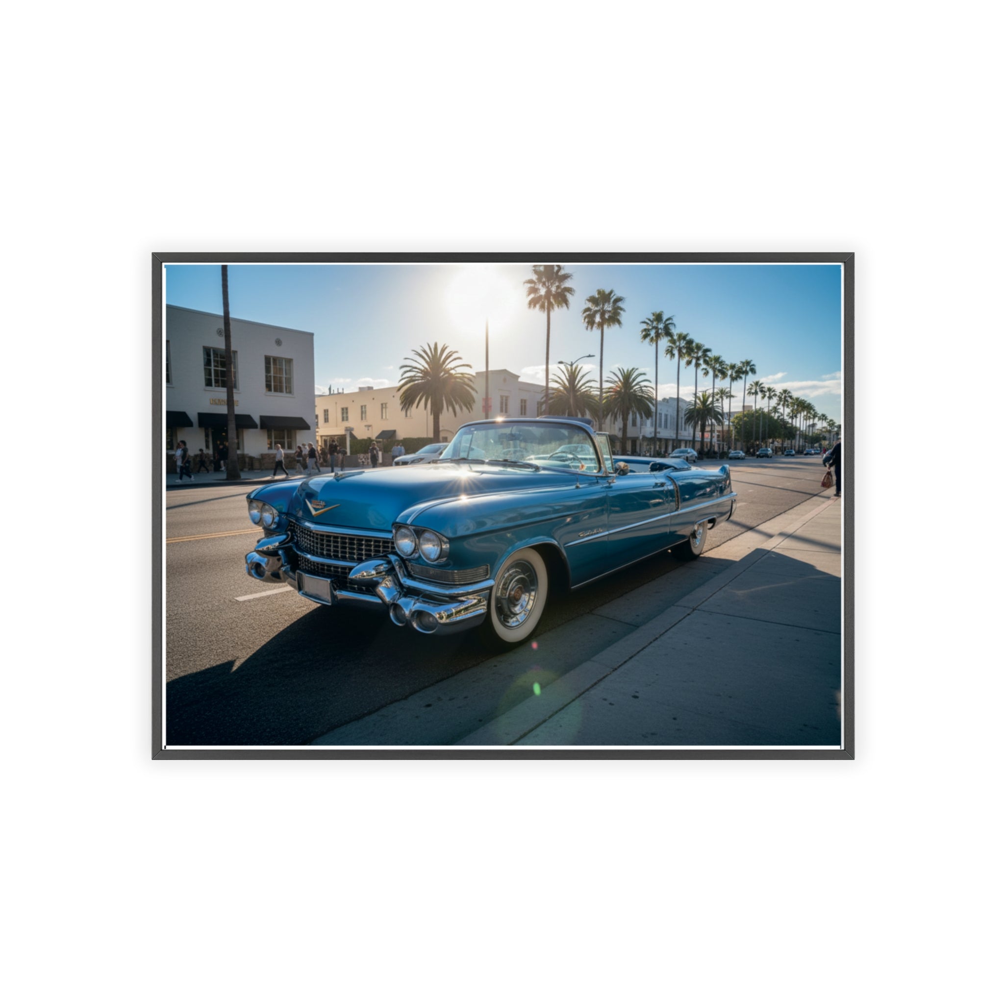 Framed Vintage Cadillac Poster – Retro Palm-Tree Coastal Car Wall Art