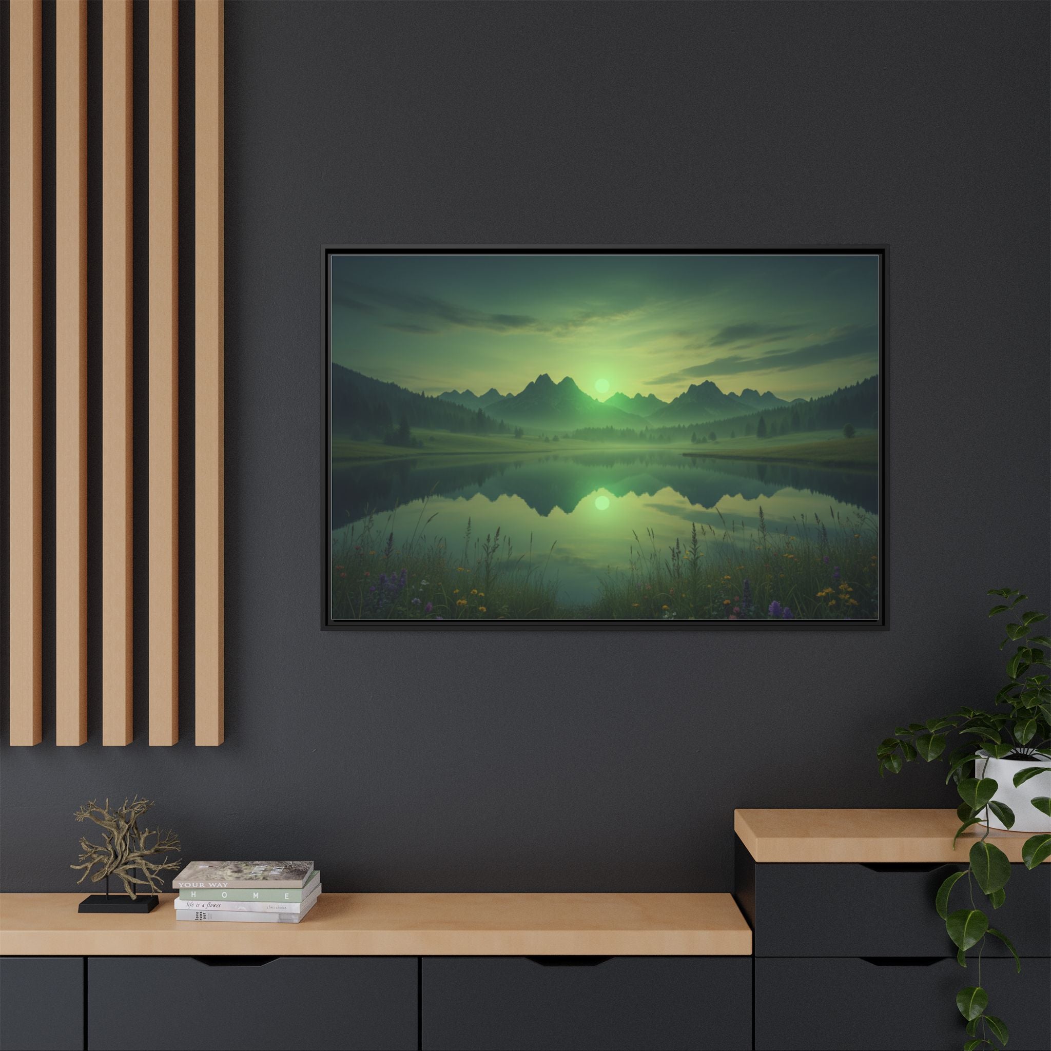 Framed Matte Canvas Print — Serene Green Mountain Lake Landscape