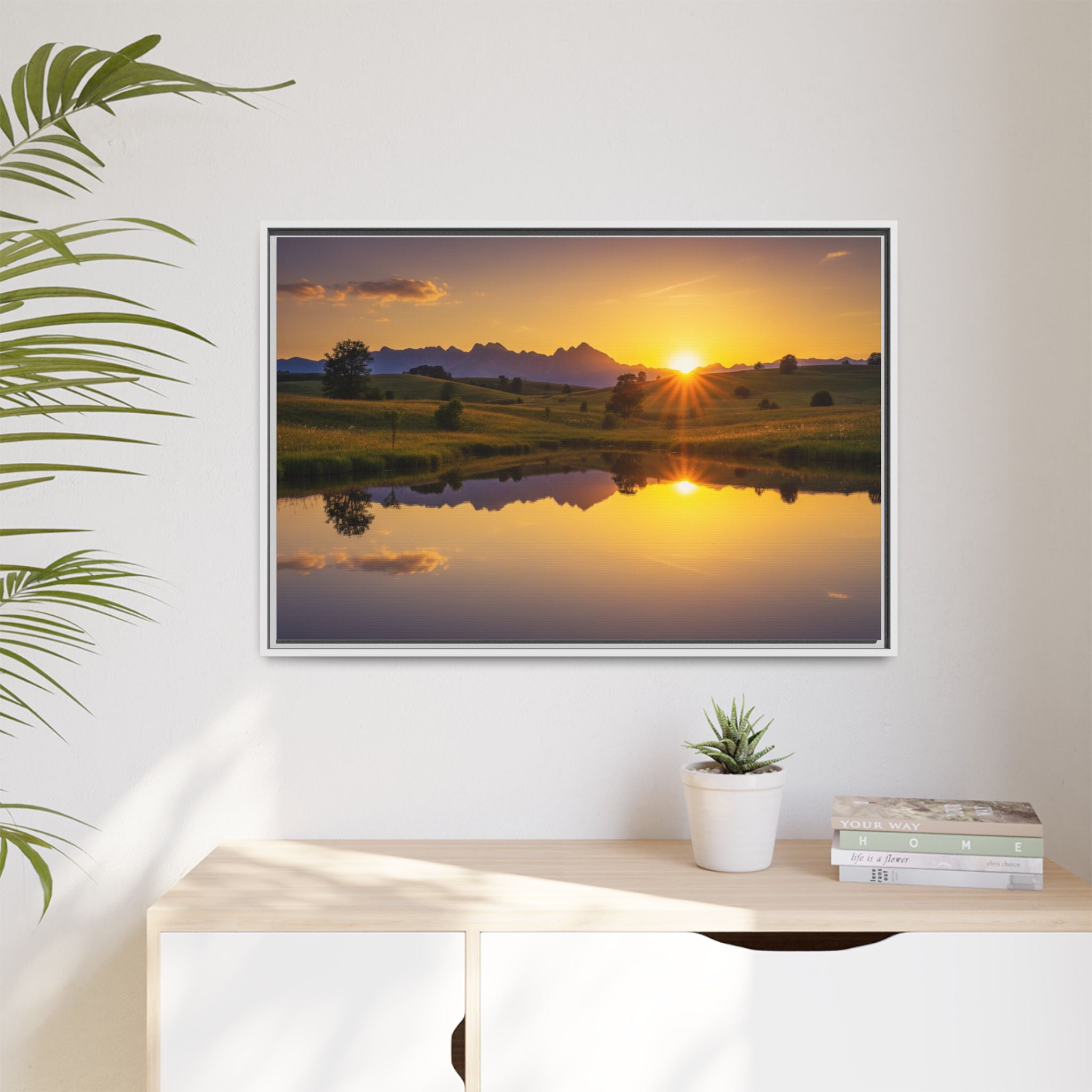 Framed Matte Canvas Sunset Landscape — Serene Lake Reflection Wall Art