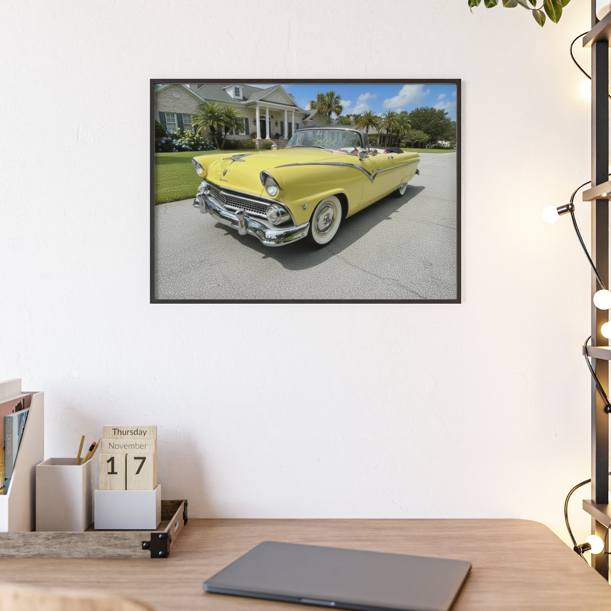 Vintage Yellow Classic Car Poster — Framed Wooden Wall Art