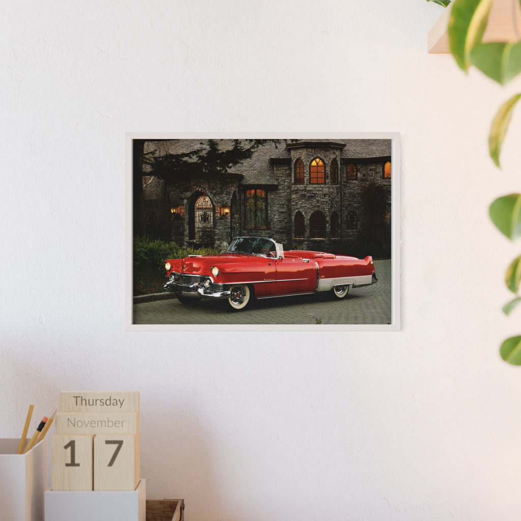 Vintage Red Convertible Poster with Wooden Frame — Classic Car Wall Art