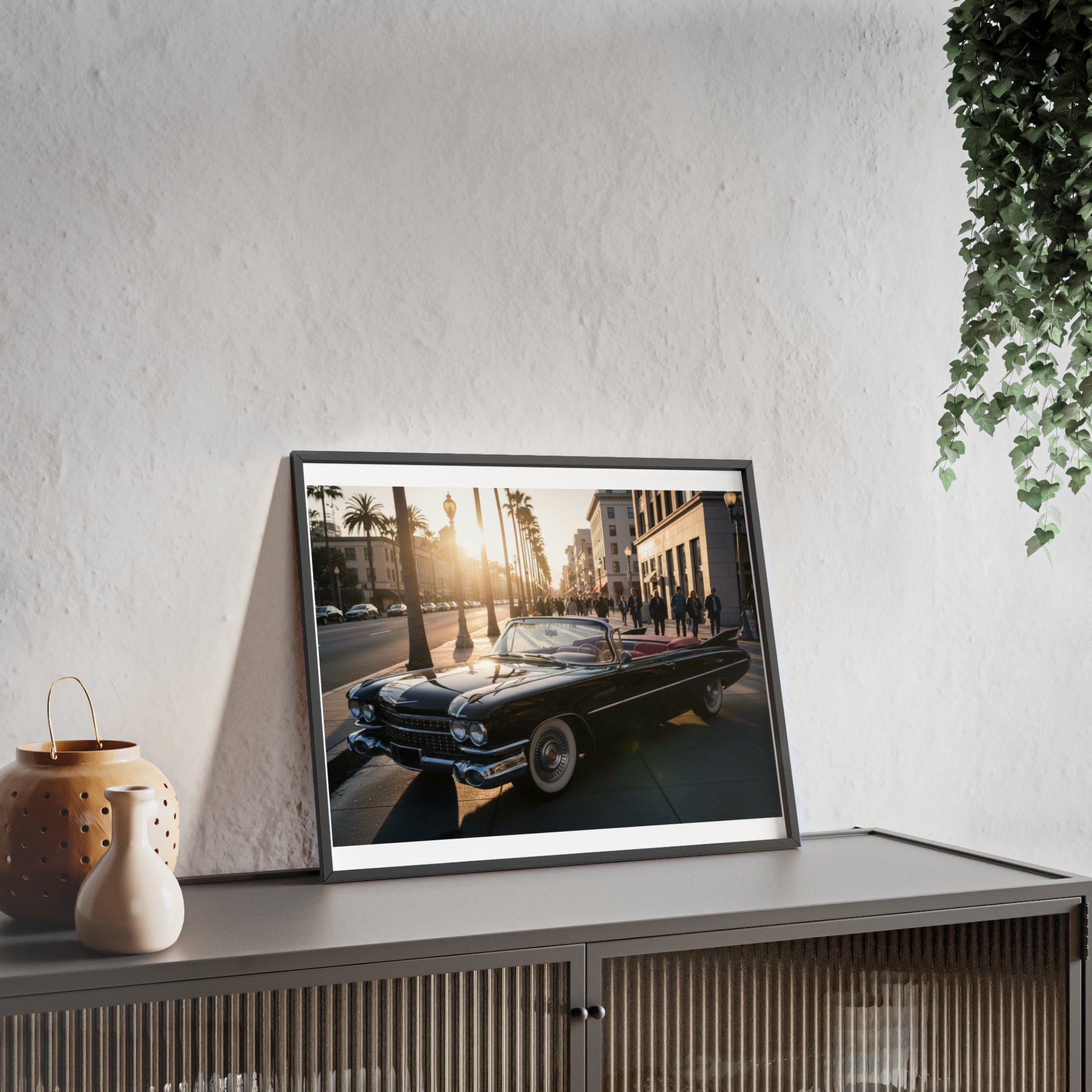 Vintage Convertible Sunset Poster with Wooden Frame