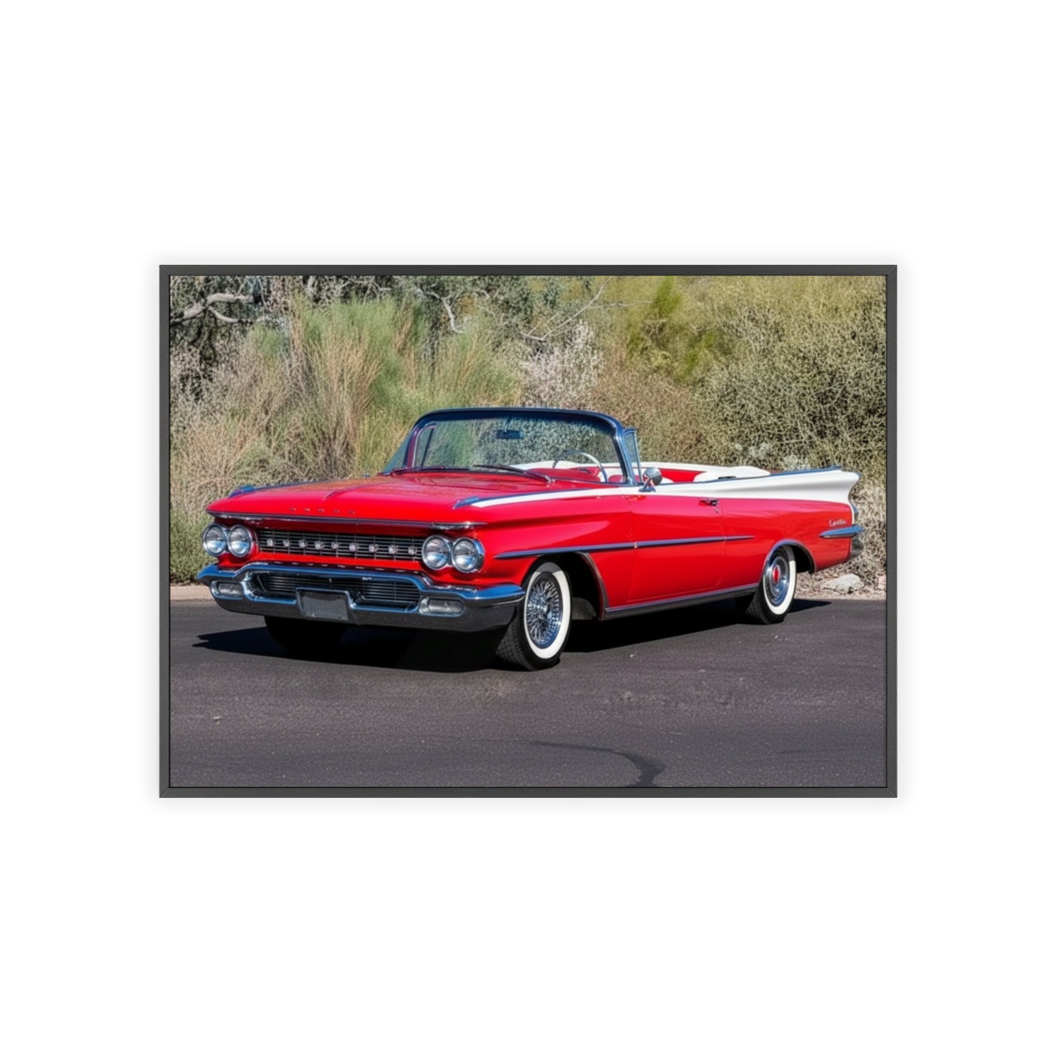 Vintage Red Convertible Car Poster with Wooden Frame — Classic Auto Wall Art