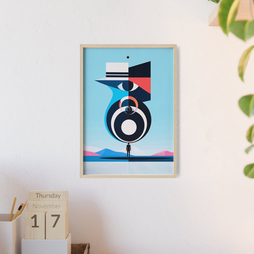 Abstract Geometric Bird Poster with Wooden Frame — Modern Minimalist Wall Art