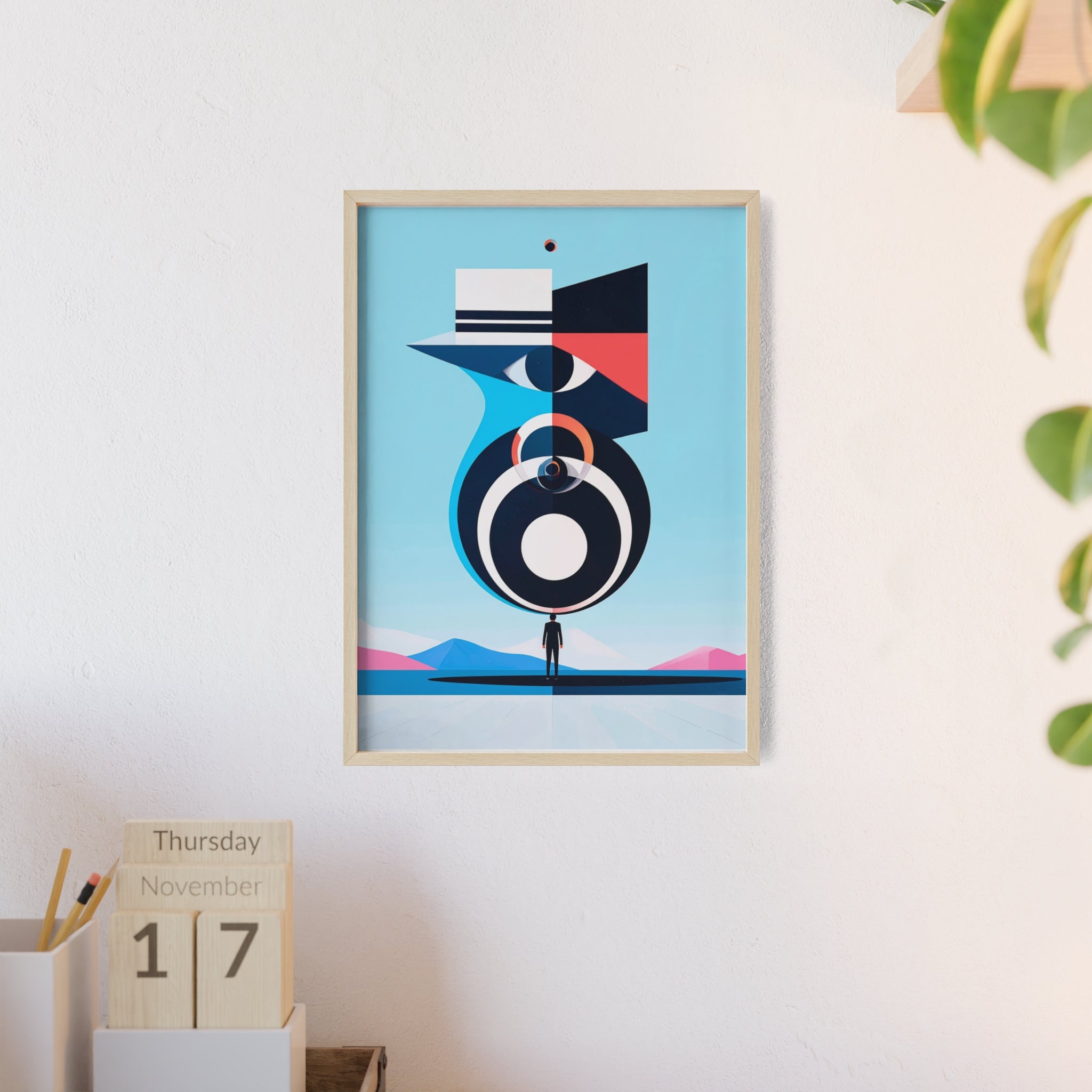 Abstract Geometric Bird Poster with Wooden Frame — Modern Minimalist Wall Art
