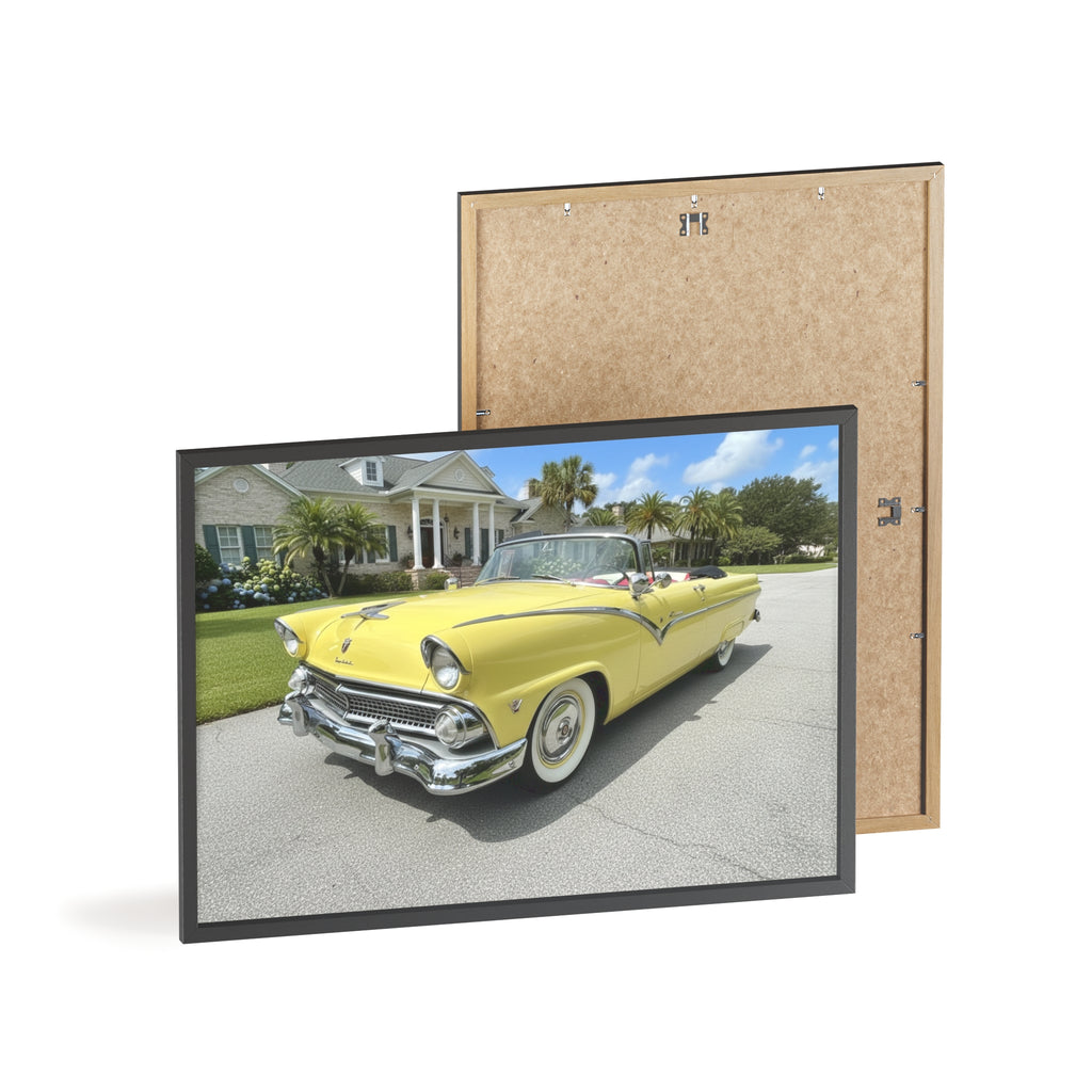 Vintage Yellow Classic Car Poster — Framed Wooden Wall Art
