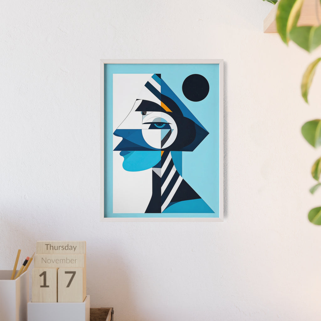 Abstract Geometric Portrait Poster with Wooden Frame — Blue Modern Wall Art