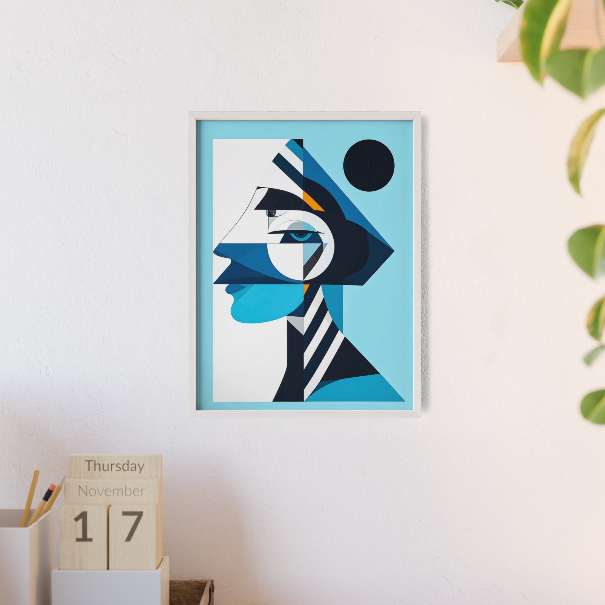 Abstract Geometric Portrait Poster with Wooden Frame — Blue Modern Wall Art