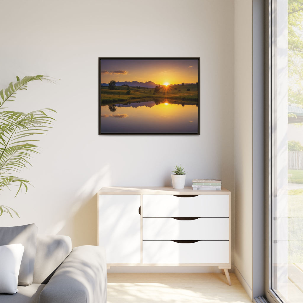 Framed Matte Canvas Sunset Landscape — Serene Lake Reflection Wall Art