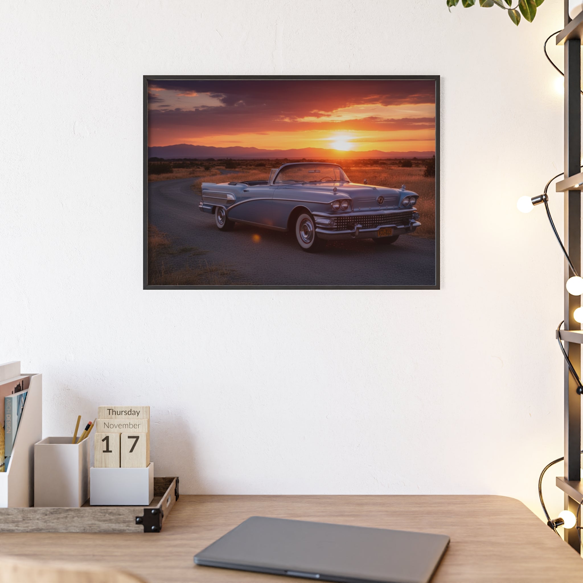 Vintage Convertible Sunset Poster with Wooden Frame