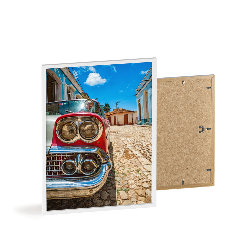 Vintage Classic Car Poster with Wooden Frame — Retro Cuba Street Photography Wall Art
