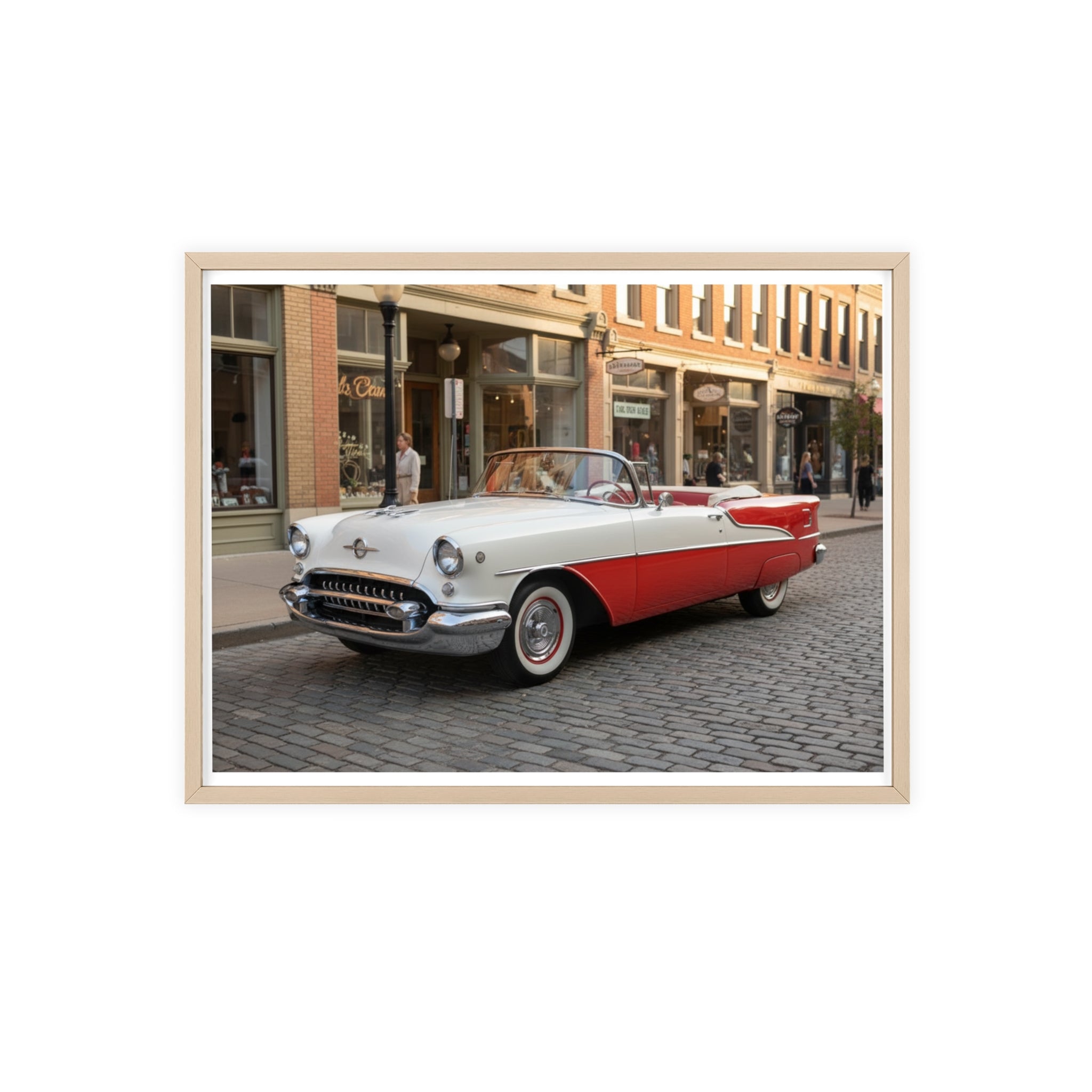 Vintage Red & White Convertible Poster with Wooden Frame — Retro Car Wall Art