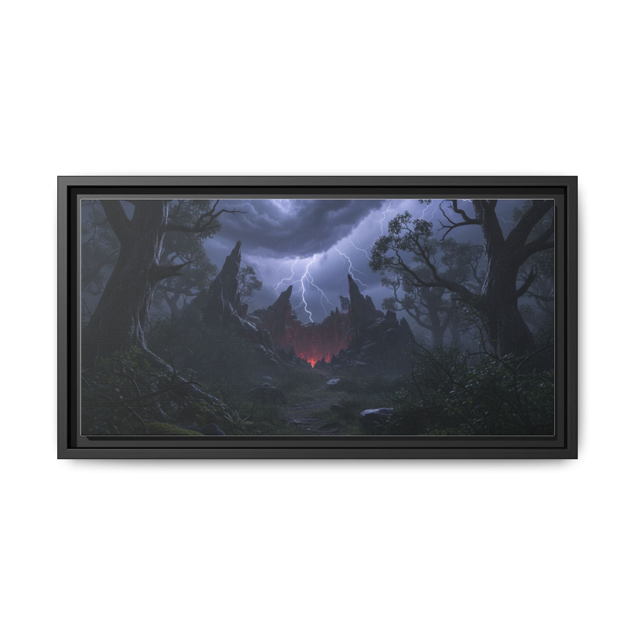 Dark Storm Forest Framed Canvas Print — Lightning, Haunted Castle Art