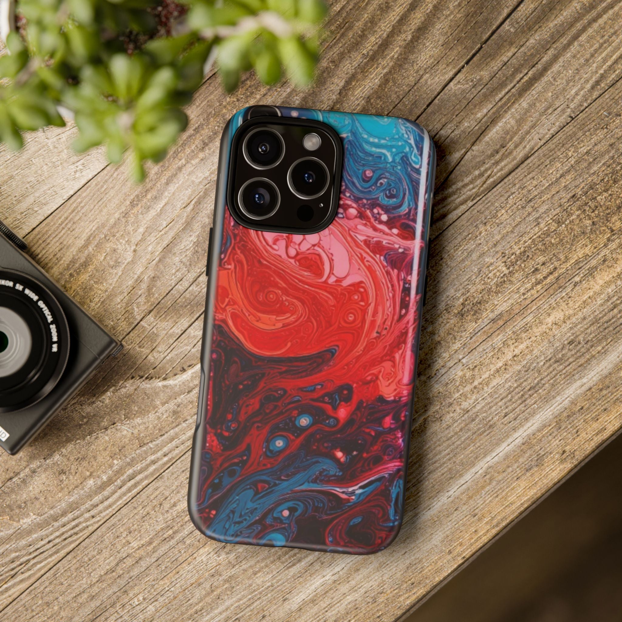Abstract Red & Blue Swirl Tough Phone Case — Protective iPhone Cover with Fluid Art Design