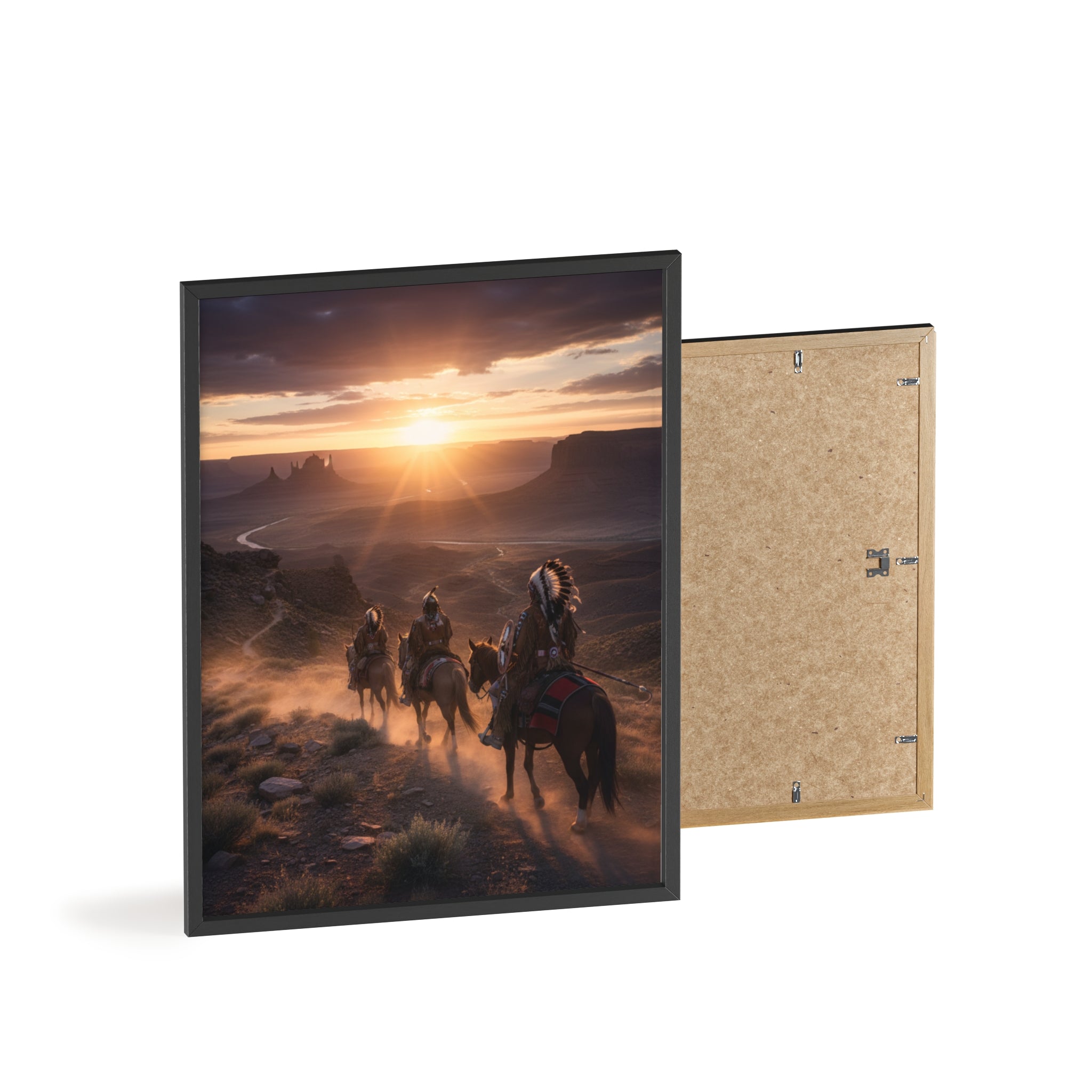 Framed Western Sunset Poster — Native Riders on Horseback Wall Art